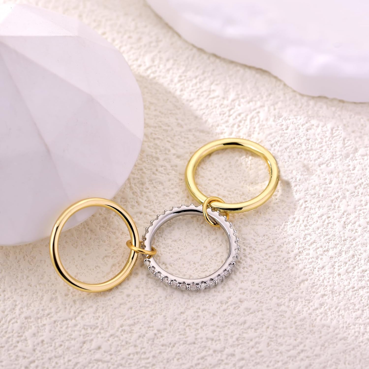 14K Gold Plated Interlocked Stackable Rings for Women Non Tarnish,Gold and Silver Cubic Zirconia Statement Rings Set,Mixed Metals Ring Two-Toned Connected Bands Stacking Jewelry - Image 3