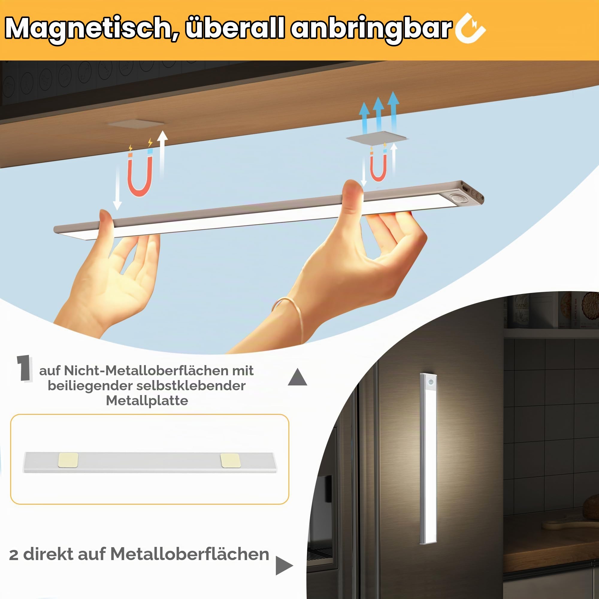 2erSet 60CM LED dimmbare Unterbauleuchte Küche Lampe 4400mAh | aufladbar Schrankbeleuchtung mit Bewegungsmelder 3 Lichtwärme magnetische Lichtleiste für Küchenschrank Kleiderschrank Bad