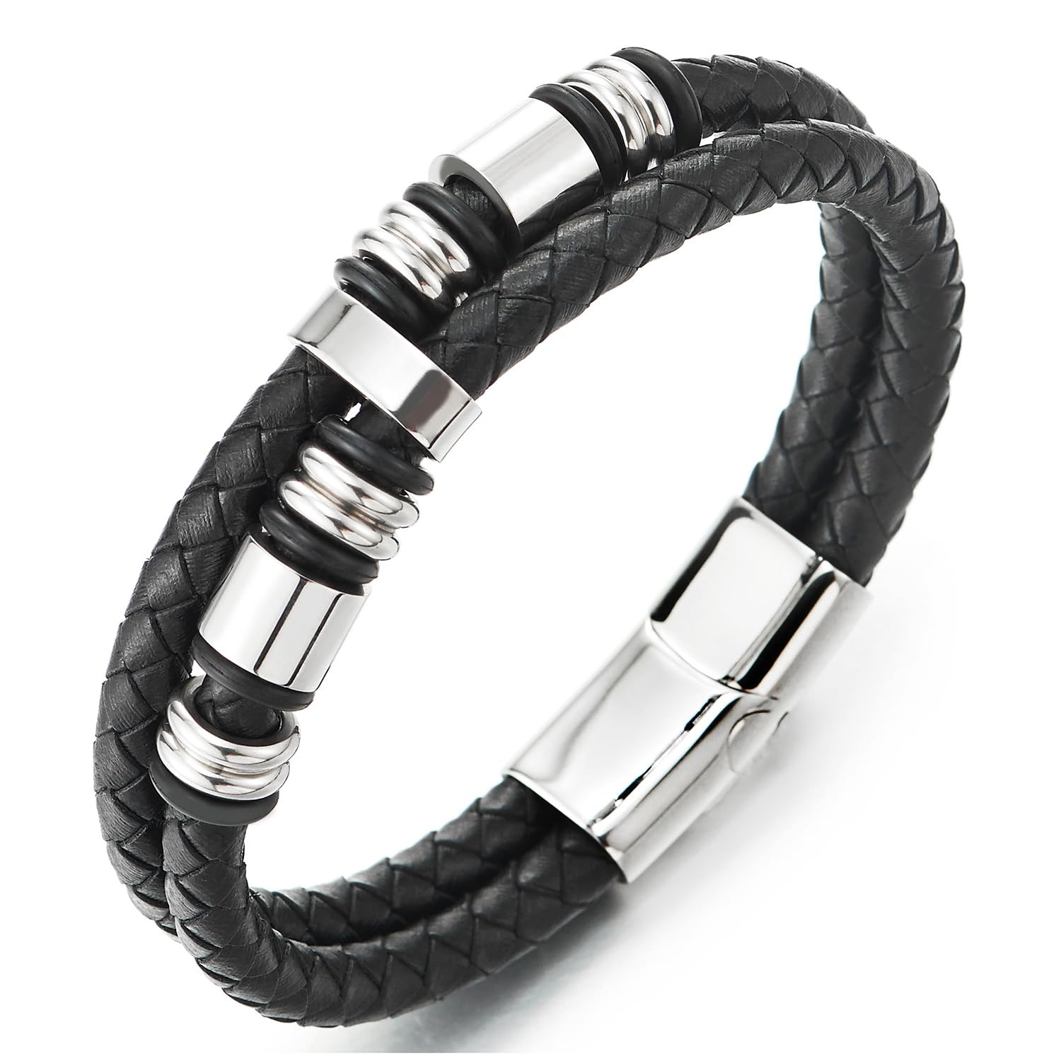 COOLSTEELANDBEYONDHombre Doble fila Cuero Trenzado Pulsera, Encantos de Acero Inoxidable, Cierre Magnético
