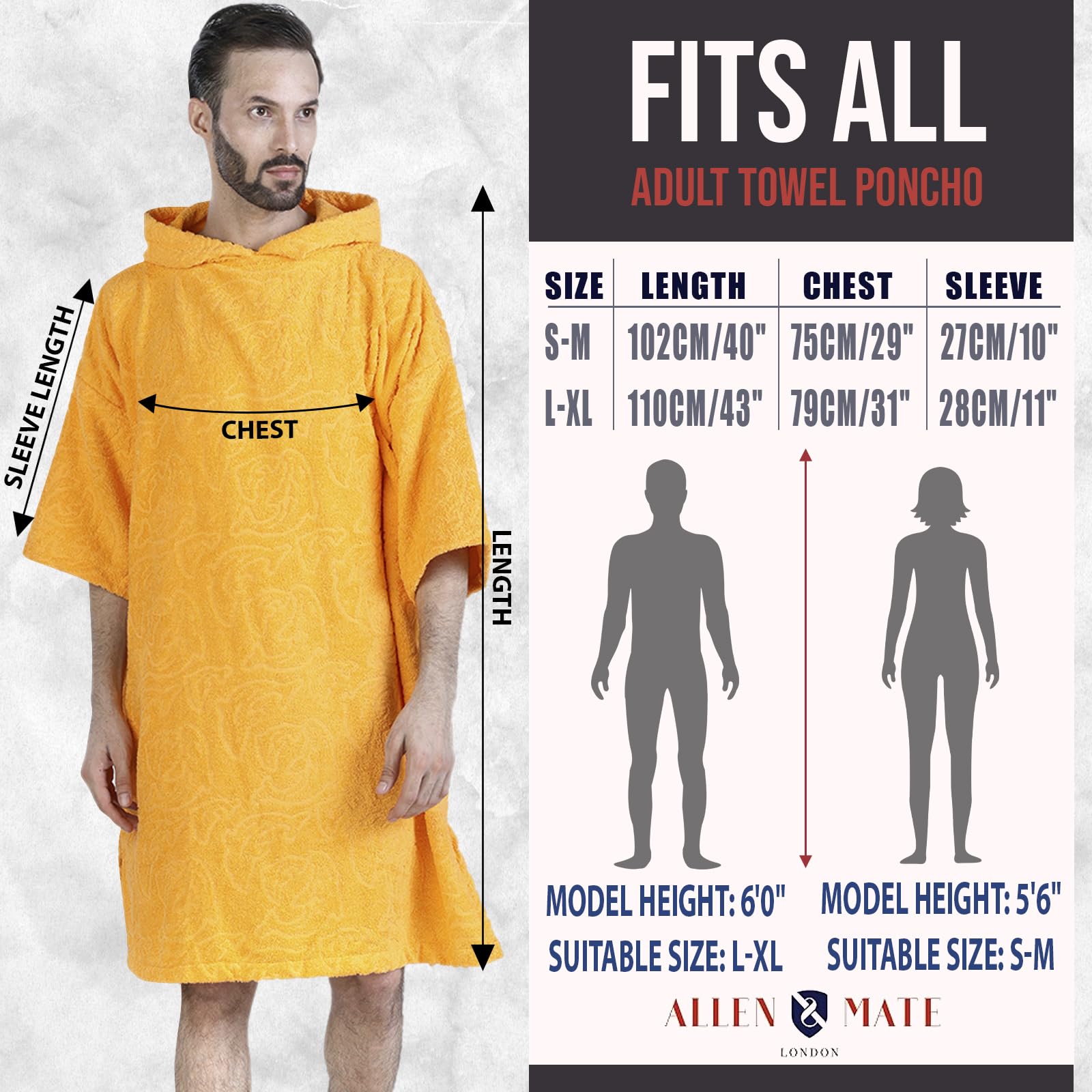 ALLEN & MATE Poncho de Toalla con Capucha para Adultos, 100% algodón de Rizo, Bata cambiadora con Capucha y Bolsillos para Playa, natación