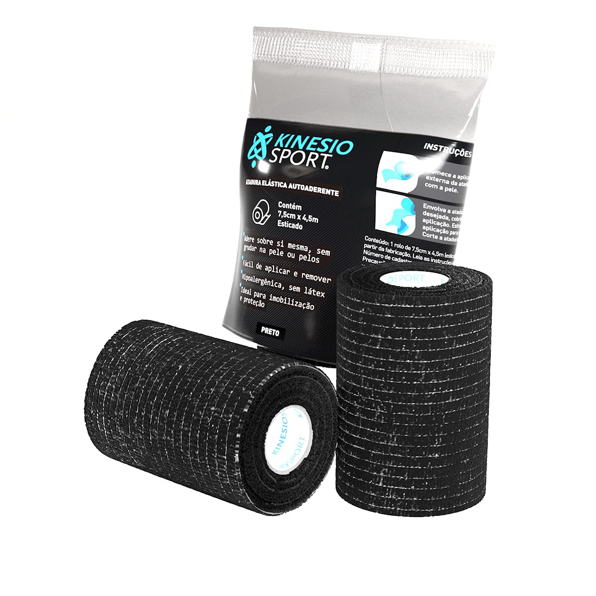 Atadura Elástica Autoaderente Kinesiosport 7,5Cm X 4,5M, Kinesiosport, Preto (Esticada)