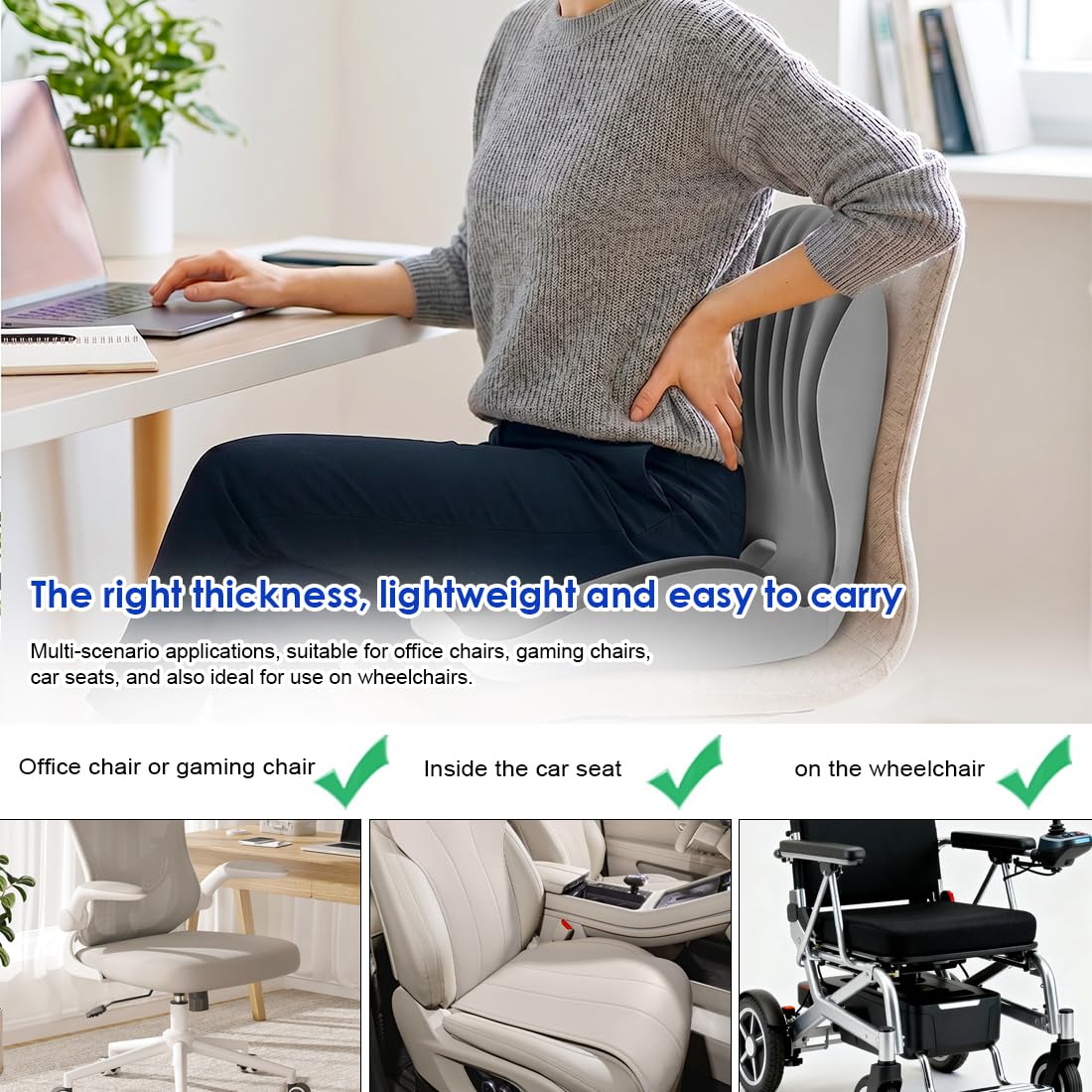 LOMUG Cojín ortopédico con respaldo, espuma viscoelástica en forma de L, cojín ergonómico de apoyo lumbar para ciática y coxis para silla de oficina, coche, hogar, oficina