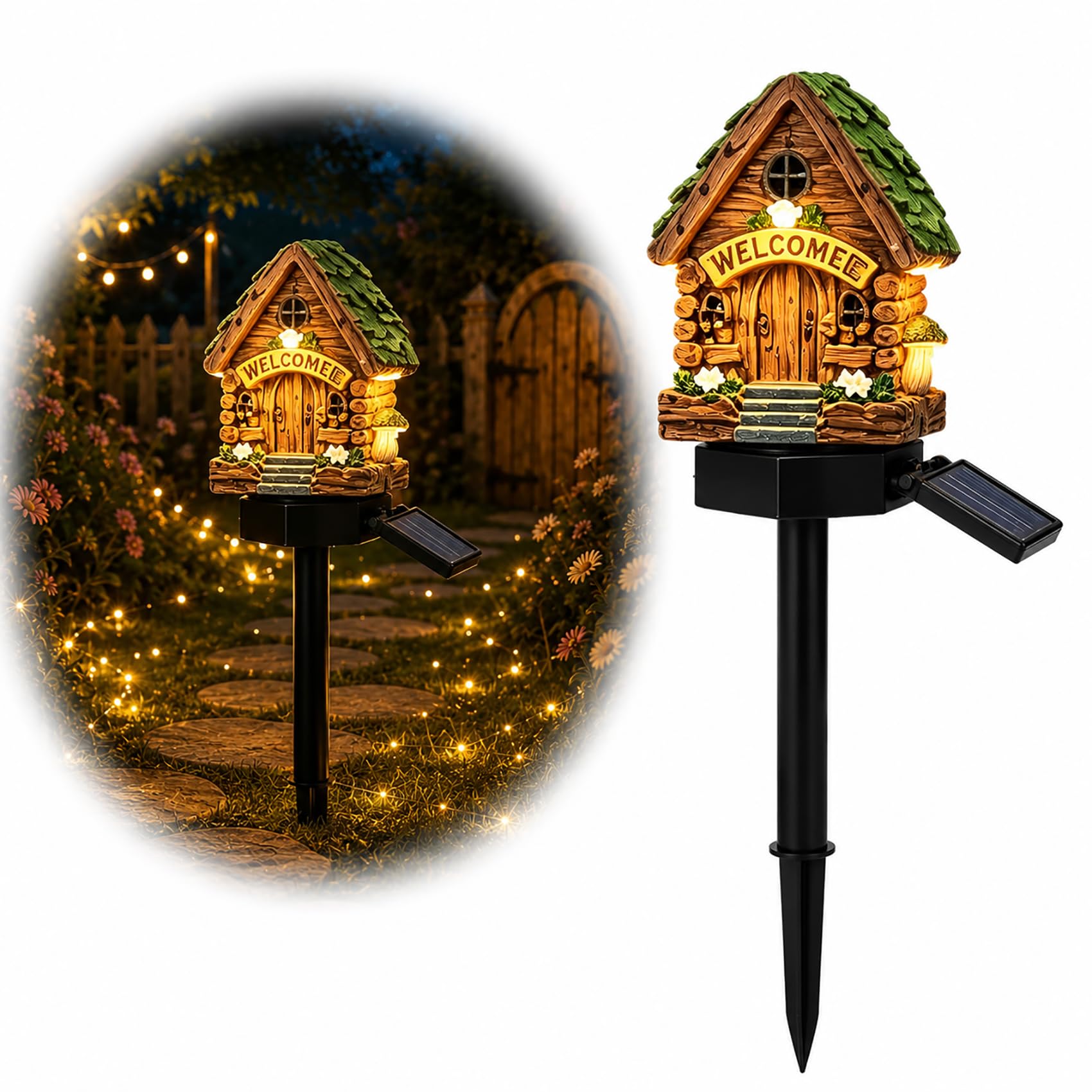 Cemssitu Solar Mushroom Cottage Garden Light, Waterproof LED Solar Garden Light with Stake, Resin Fairy Garden Stake Lights with Auto On/Off for Pathway Yard Patio Lawn Walkway (Green)