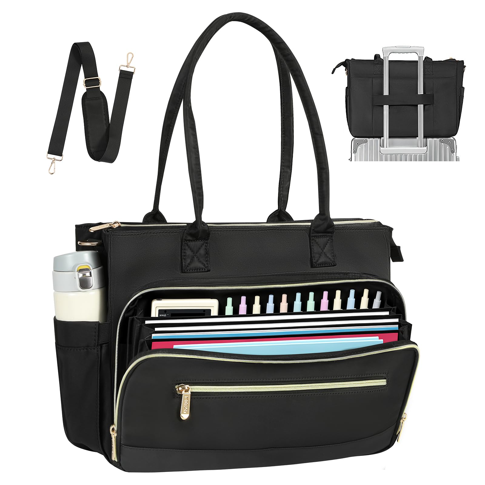MoKo 15.6 Inch Laptop Bag for Women, Large Teacher Nurse Tote Work Bags Messenger Computer Handbag with File Pockets, Tablet Compartment, Bottle Holder and Detachable Adjustable Shoulder Strap, Black