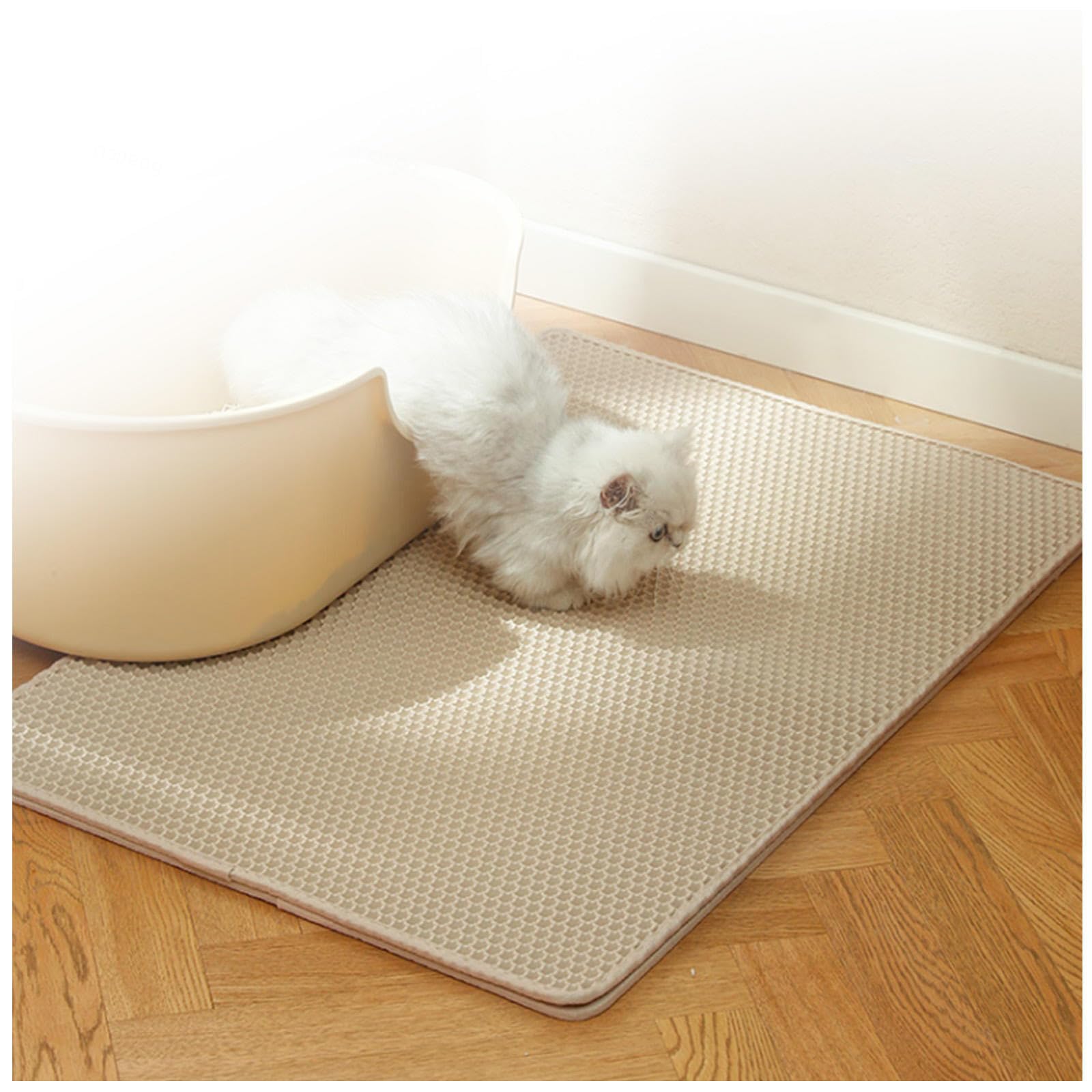 Mata do żwirek dla kotów, 60 x 90 cm/116 x 66 cm, podwójna warstwa designerska, mata przeciw moczowi i wodoszczelnemu materiałowi, kontrola rozsypywania Easy Clean, 26 x 46 cali, beżowa