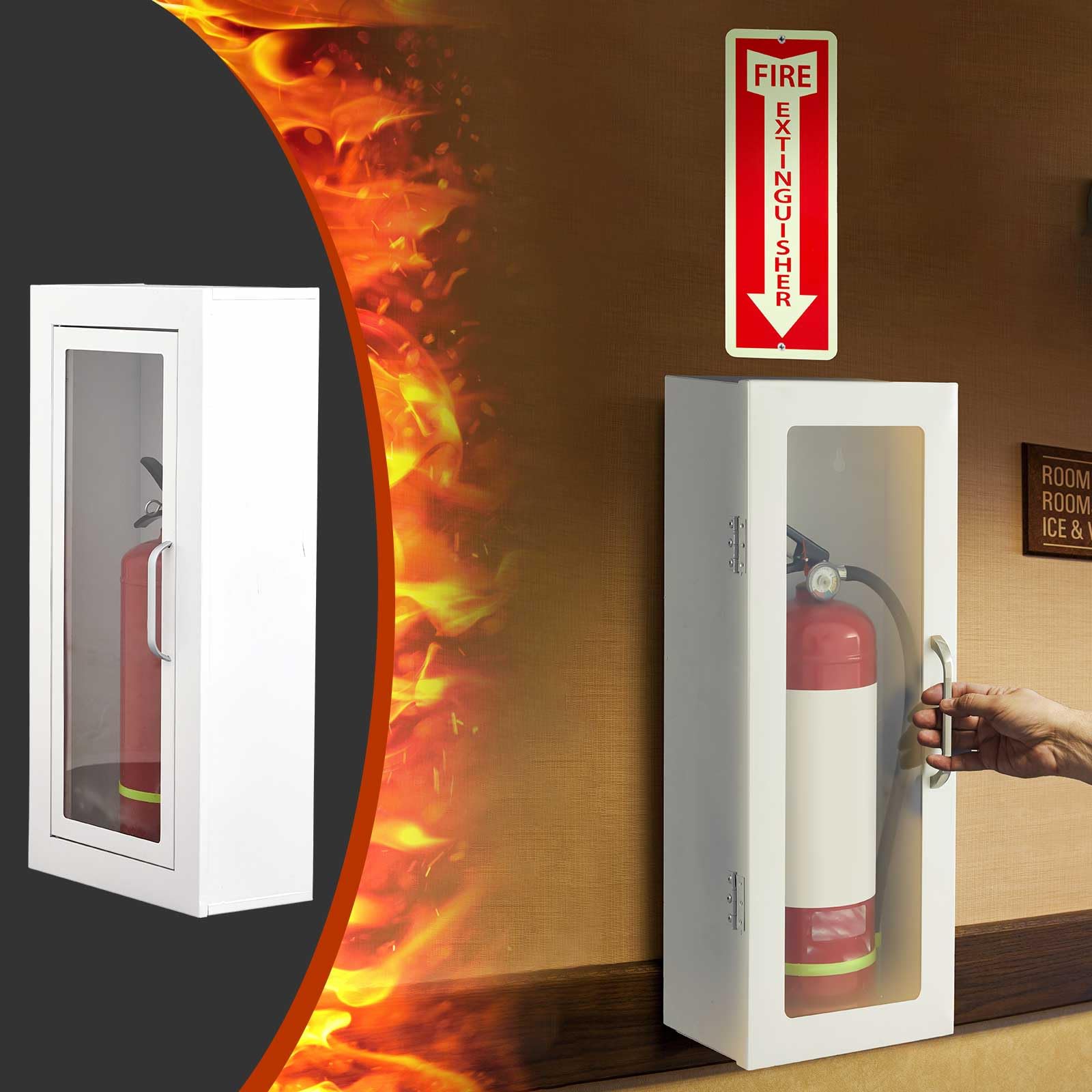 Zonon Feuerlöscher-Schrank, industriell vormontiert mit reflektierendem Schild, Oberflächenmontage, bruchsicheres Acrylglas für 4,5 kg trockene Chemikalien oder 2,3 kg Co2 (weiß)