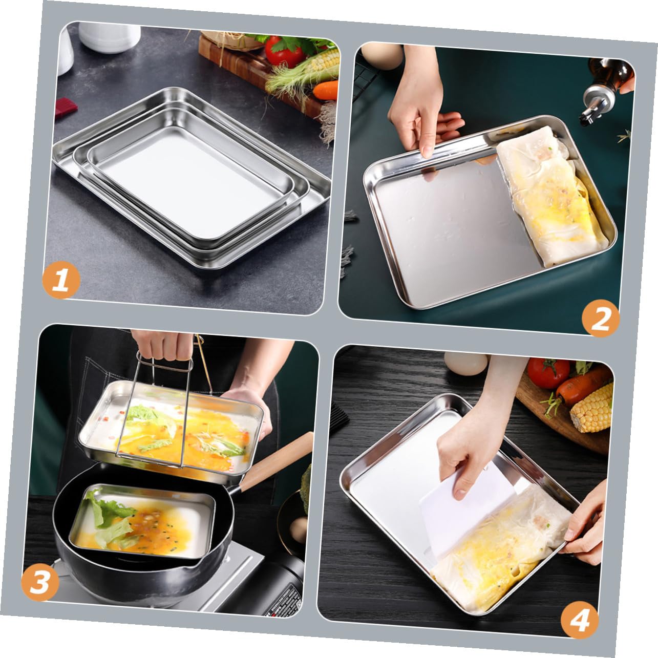 3 Piezas Bandejas de Acero Inoxidable con Profundo para Barbacoa Horno y Organización de Alimentos Aptas para Cocina y Buffet