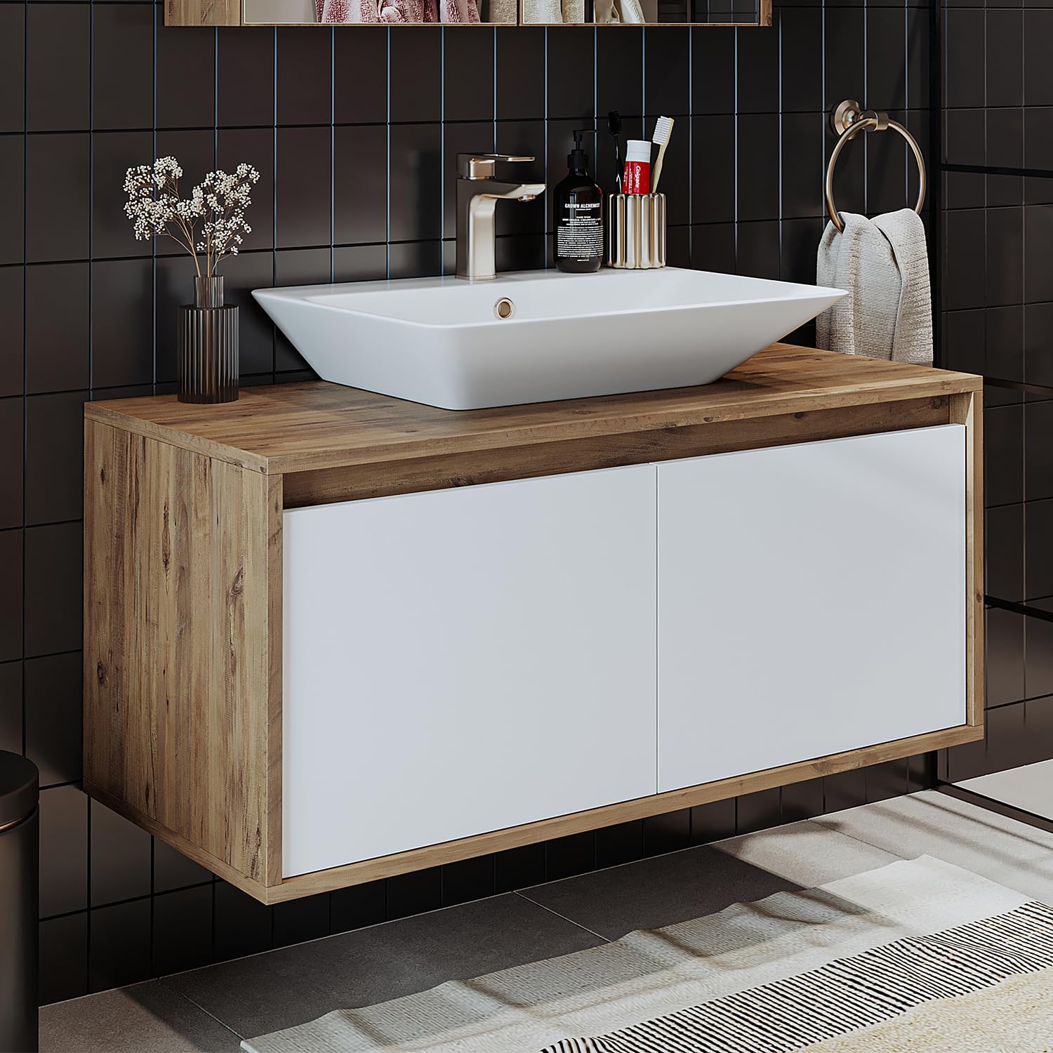 Roomart, Atlantic, armadietto da 100 cm con lavabo in ceramica, set di mobili da bagno, 4 pezzi, armadietto a specchio, armadio alto (rovere bianco)