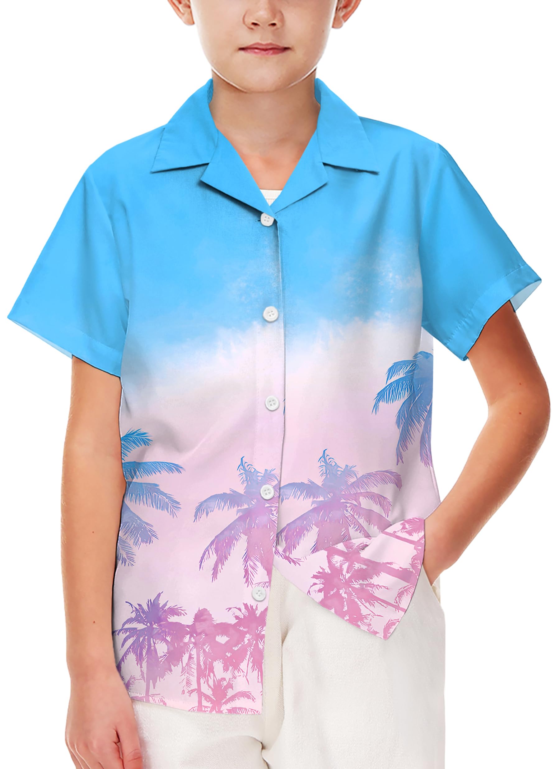 AOBUTE Unisex Kids Hawaiian Shirt Boys Button Up Shirts Girls Short Sleeve Aloha Golf Top 5-14 Years