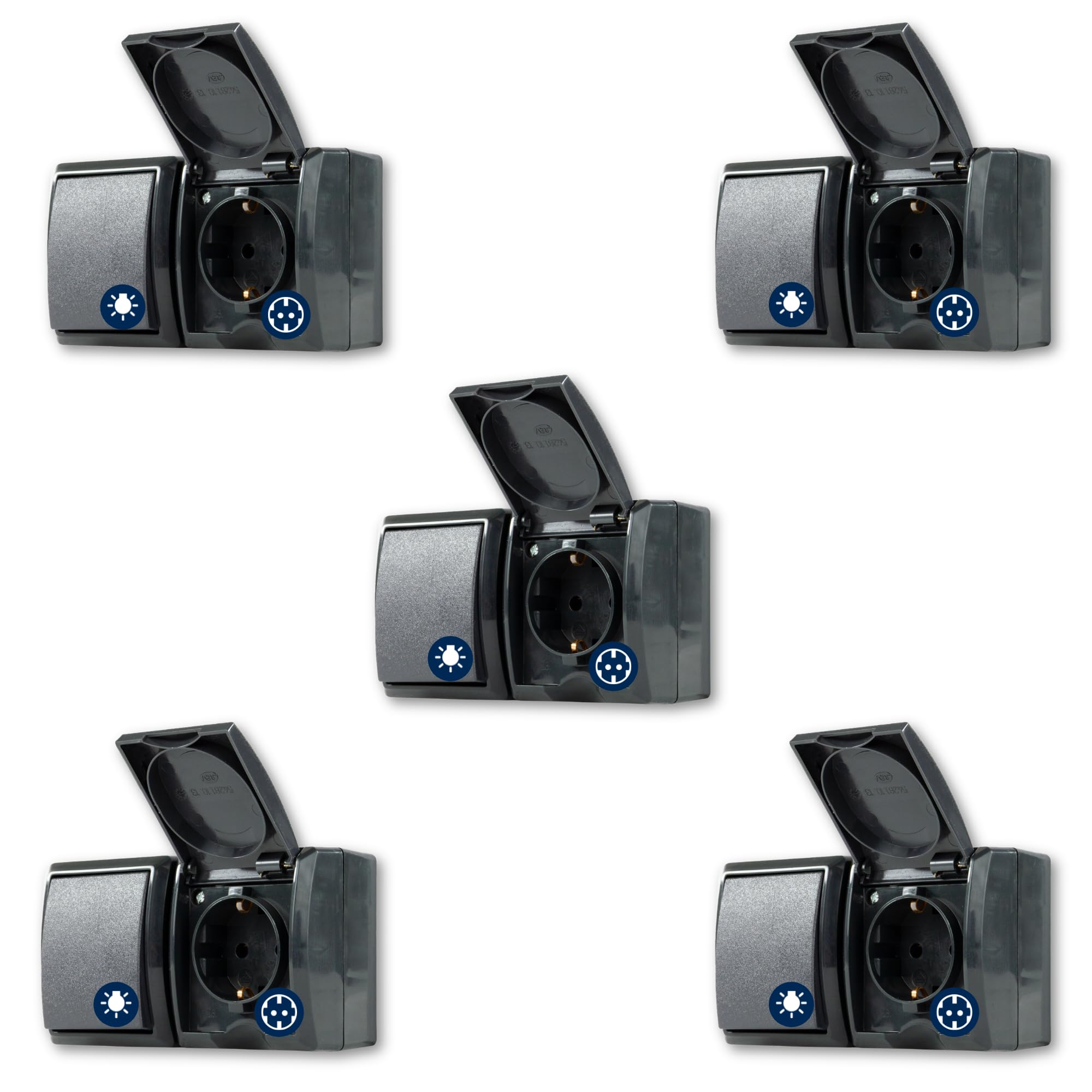REV AquaForm - Lot de 5 prises - Combinaison d'interrupteurs A/W - IP44 - Bipolaire - Montage en saillie - Anthracite