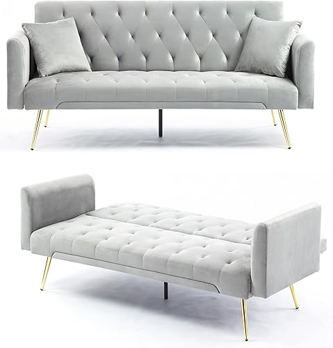 Miniatura 9 de Sofá cama futón de terciopelo de 72 pulgadas, sofá cama plegable convertible, moderno sofá biplaza reclinable copetudo con patas cromadas doradas