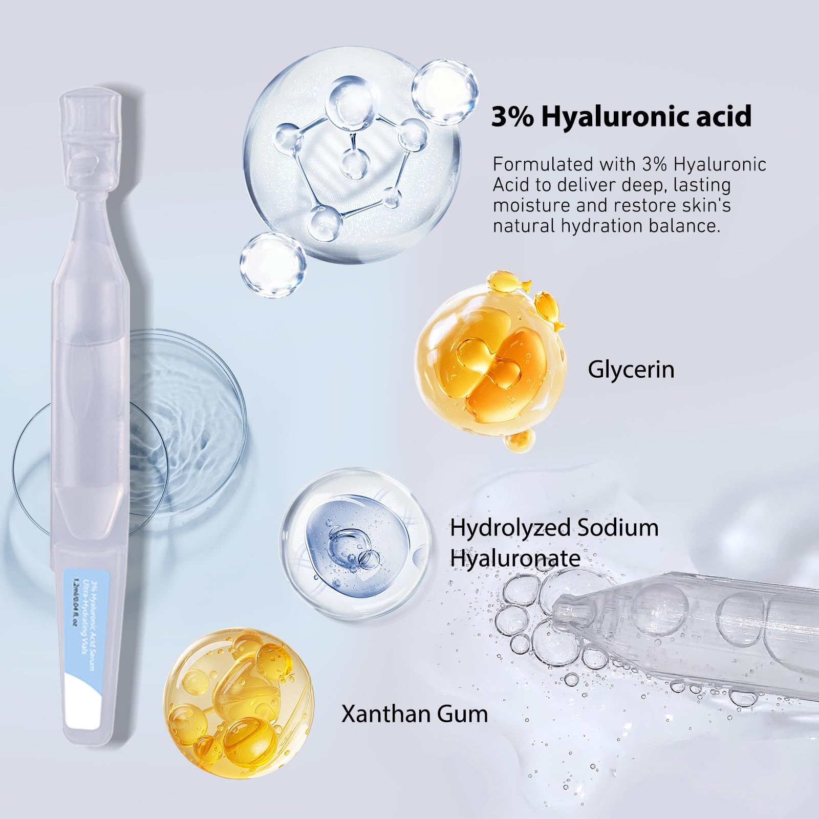 30PCS 3% Hyaluronic Acid Serum, 3% Hyaluronic Acid Tubes, Ultra Hydrating Serum for Glass Skin, Hyaluronic Acid Serum for Face, 3% Hyaluronic Acid Tubes Anti-Aging Vials Skincare for Boosting Moisture - Image 4
