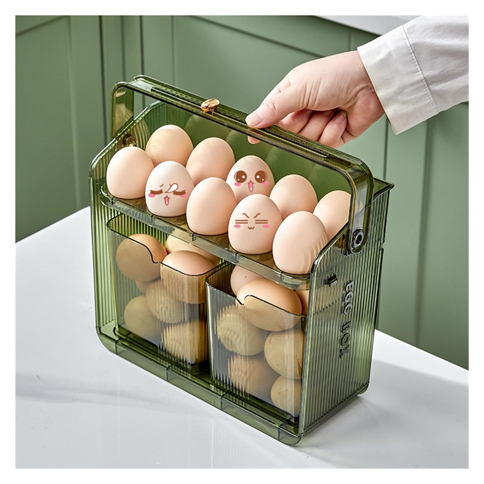 Eierhalter für Kühlschrank-Seitentür, tragbar, doppelstöckig, multifunktional, für Eier, Gemüse, Getränke, Obst, 2 Stück, Grün