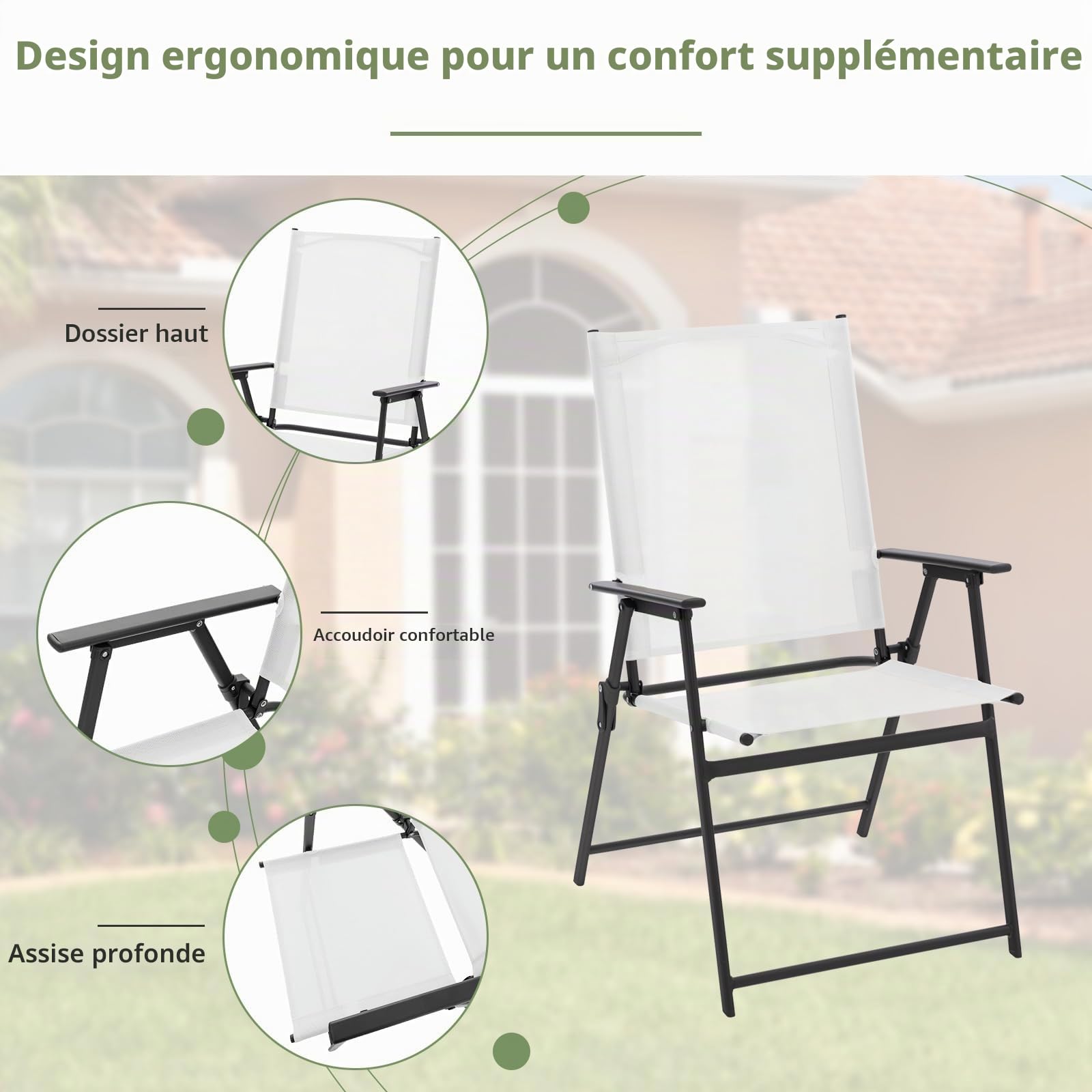GIANTEX Lot de 4 chaises de Jardin Pliantes à Dossier Haut, pour Balcon, terrasse, avec Dossier et accoudoirs Hauts, en métal et Textile, Charge maximale : 150 kg, Blanches