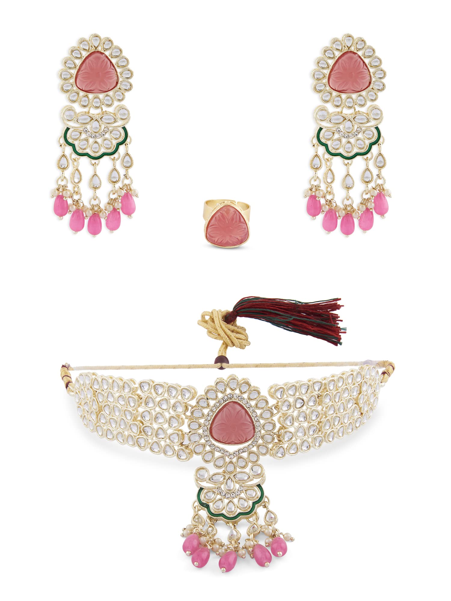 See full amazon price history chart for ZAVERI PEARLS Pink Stones Beads Ethnic Kundan Choker Necklace Earring & Ring Set For Women-ZPFK15657 ZAVERI PEARLS Pink Stones Beads Ethnic Kundan Choker Necklace Earring & Ring Set For Women-ZPFK15657 (B0BVZSJ1VD) Amazon Price History, Amazon Price Tracker