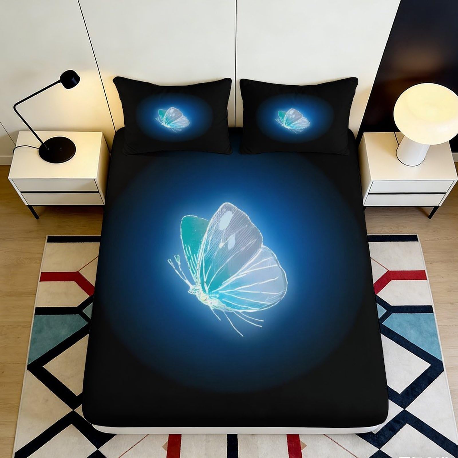 3D Printed Blue Butterfly Fitted Sheet Microfiber Soft Breathable Glowing Pattern Mattress Cover for Bedroom Dormitory Guest Room Mattress Protection 90x200x25cm