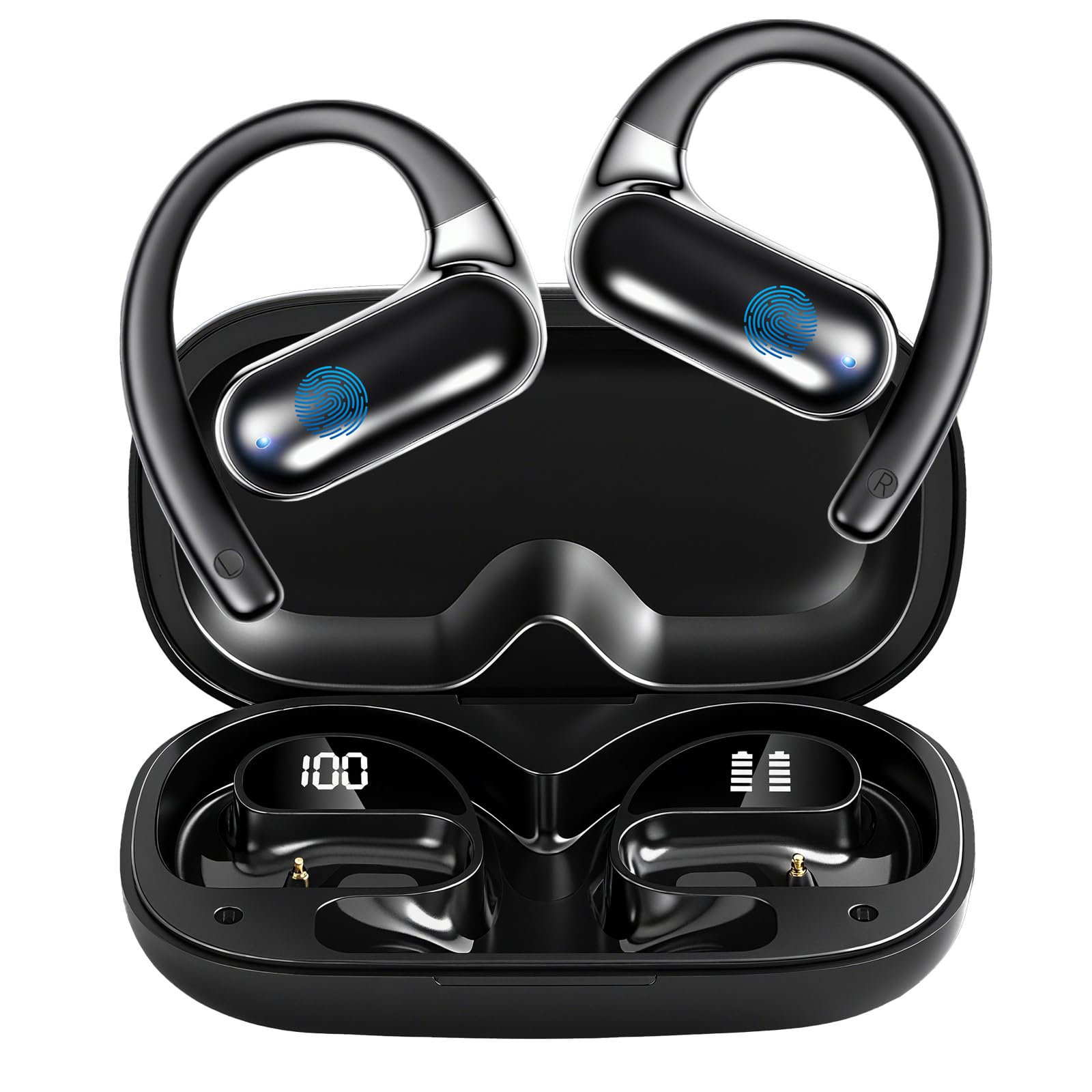 Open Ear Headphones,True Wireless Bluetooth Earphones with Microphone,Earhook Earbuds with 60 Hours,Fast Charging,IP54 Water-Resistant,Bluetooth 5.4, Black-A30-image-48
