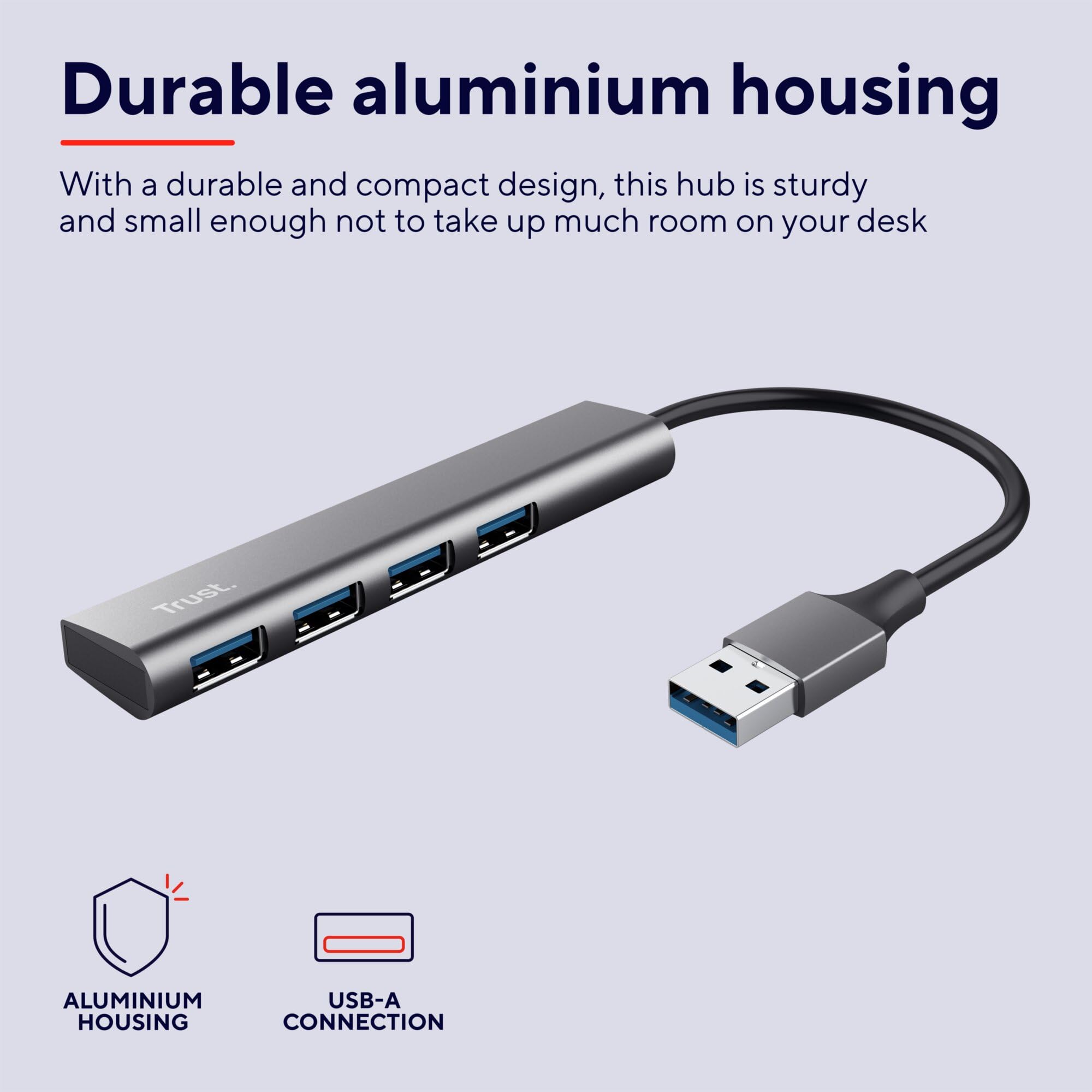Trust Halyx Mini USB-C Hub 3.2, 4 Port USB-A Ports, USB Adapter, USB Extension Data Hub, Thin And Compact, USB Splitter, USB Splitter For PC, Computer, Laptop, MacBook - Grey - View #12