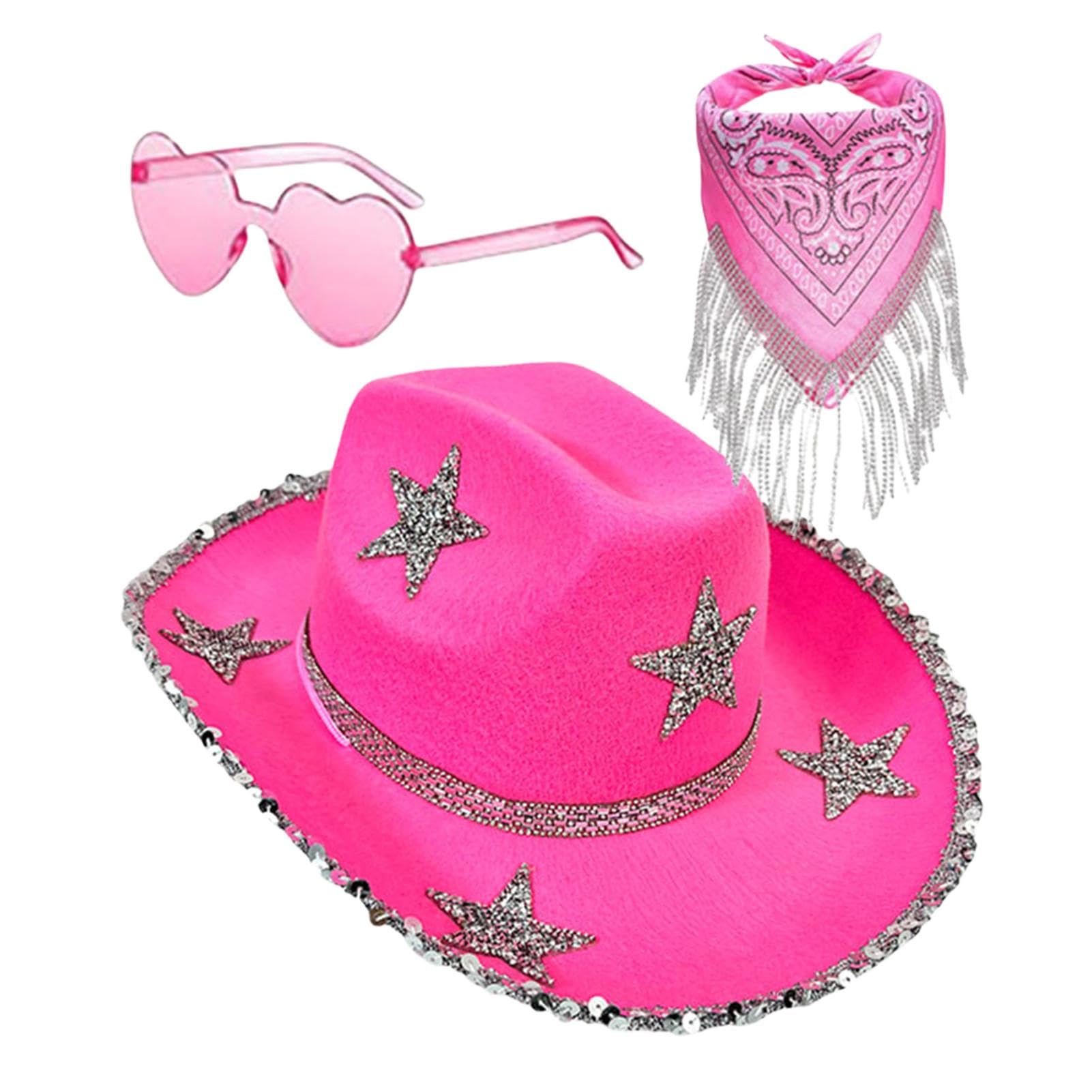 Sombreros de vaquero brillantes para mujer, gorro de vaquera con purpurina, 3 gorros clásicos de vaquero con purpurina con gafas de sol, disfraz de fiesta de Halloween, juego de accesorios