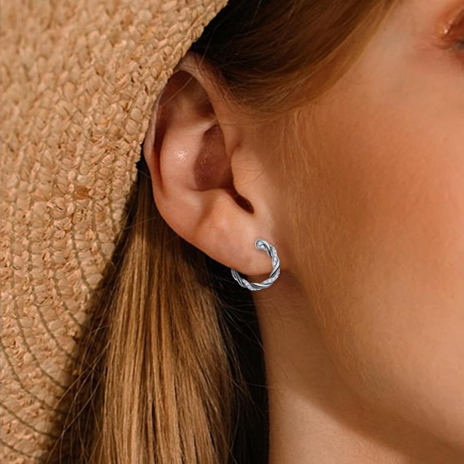 Chunky Hoop Earrings for Women Sterling Silver Plated White Gold CZ Twisted Rope Round Half Hoop Earrings Open Thick Huggie Simple Hypoallergenic Jewelry Birthday Gifts for Her - Image 5