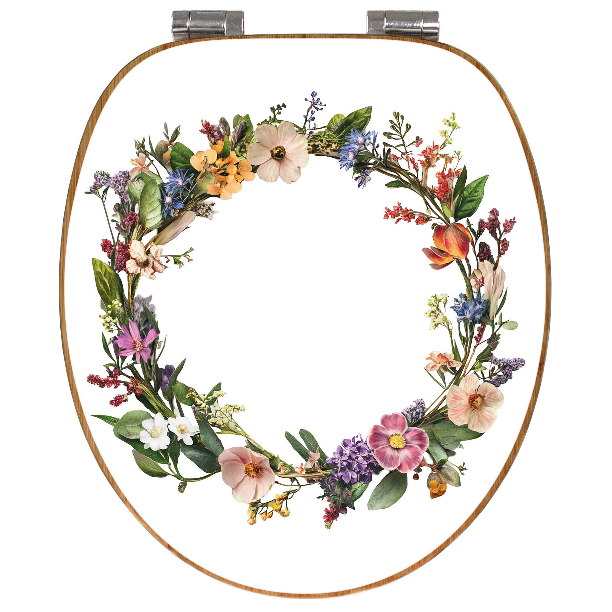 banjado Design WC Sitz Bambus Absenkautomatik 45,8x37,5cm - Toilettendeckel mit Absenkautomatik Holz - hochwertiger Bambus Klodeckel - WC-Sitz für gängigen Toiletten - Motiv Blumenkranz der Jahreszeit