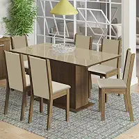 Conjunto Sala de Jantar Moscou Plus Madesa Mesa Tampo de Vidro com 6 Cadeiras Rustic/Crema/Sintético Bege
