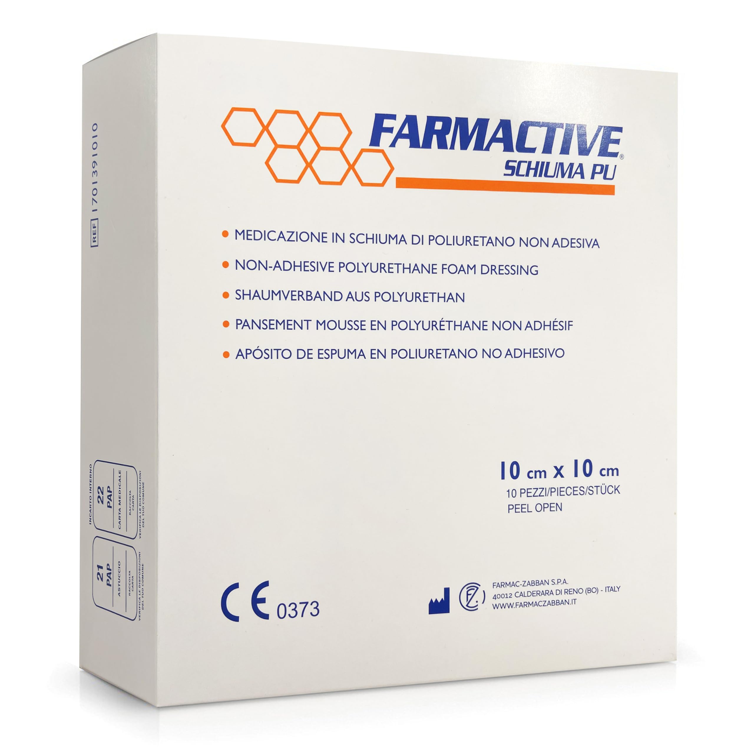 Medicazione in schiuma di POLIURETANO Non adesiva 10x10 cm (10 pz) - per ulcere da pressione, ferite e lesioni FARMACTIVE Schiuma PU