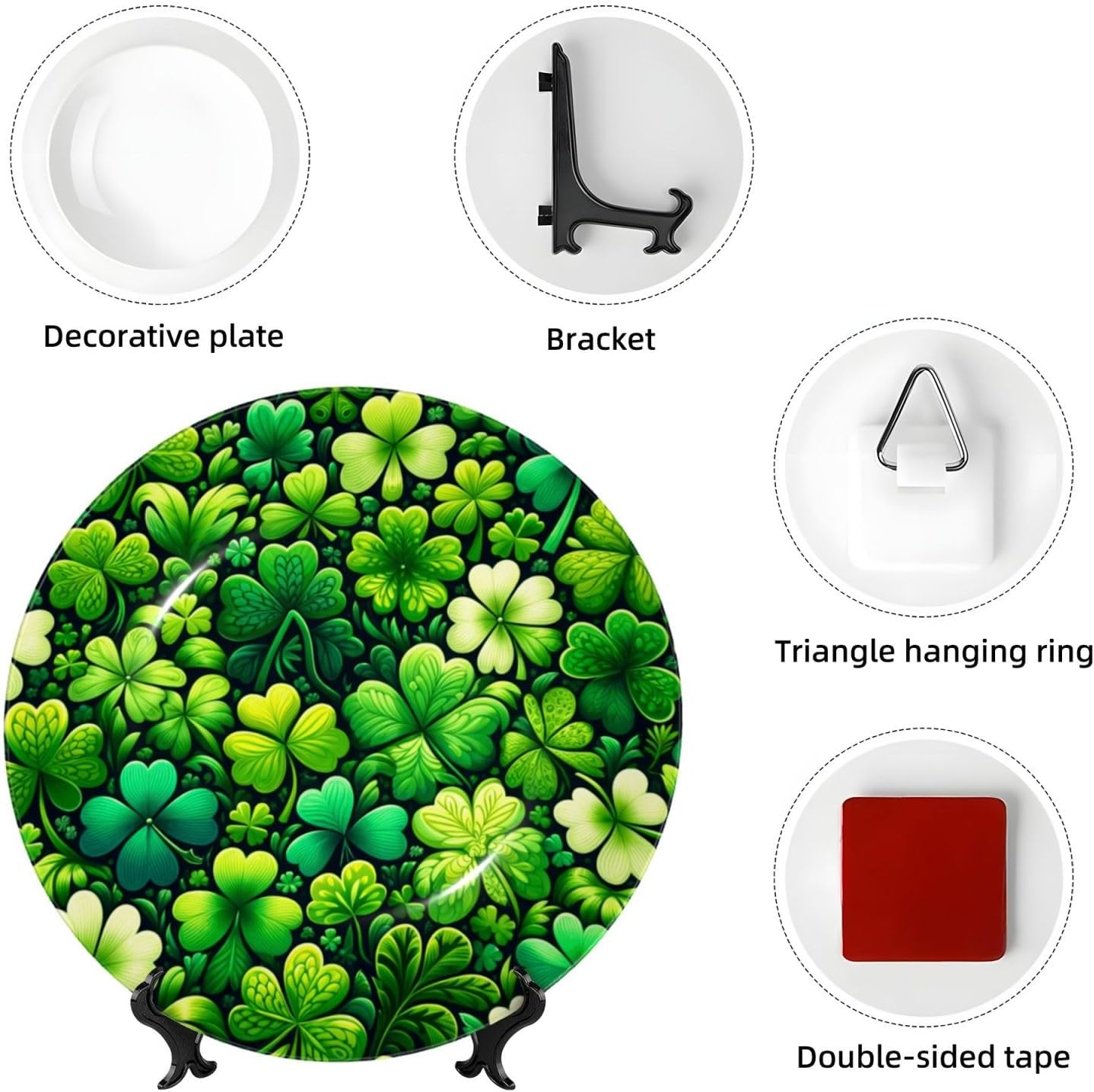 Green-Shamrock-St-Patricks 10 Inch Decorative Plate With Stand, Elegant Display Wall Plate For Home Decor