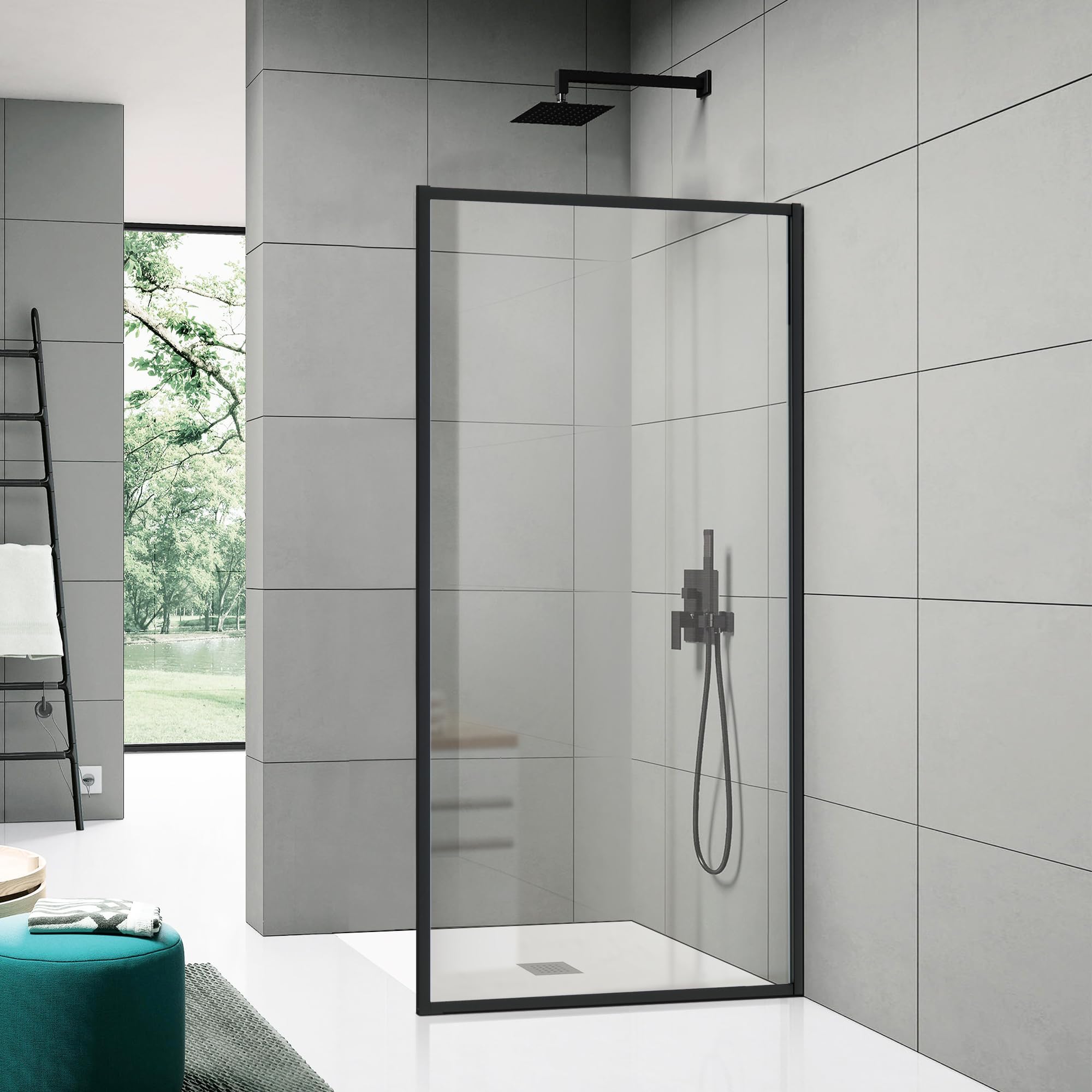 Shower Framed Glass Panel, 34" W x 74" H Shower Screen, 5/16" (8mm) Tempered Glass Shower Door, Fit for Walk-in Bathroom, Matte Black Fixed Shower Door