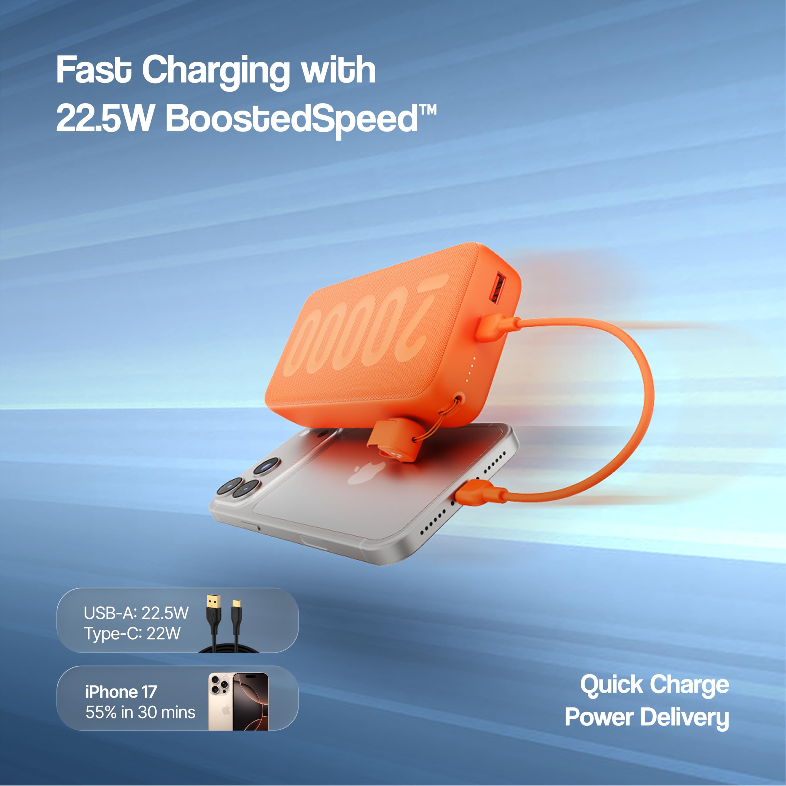 Ambrane 20000mAh Powerbank with in-Build Type C Cable, 22.5W Fast Charging, USB & Type C Output, Power Delivery, Quick Charge for iPhone, Android Mobile & Tablets, Earbuds, (Stellar 20) — Amazon image 6