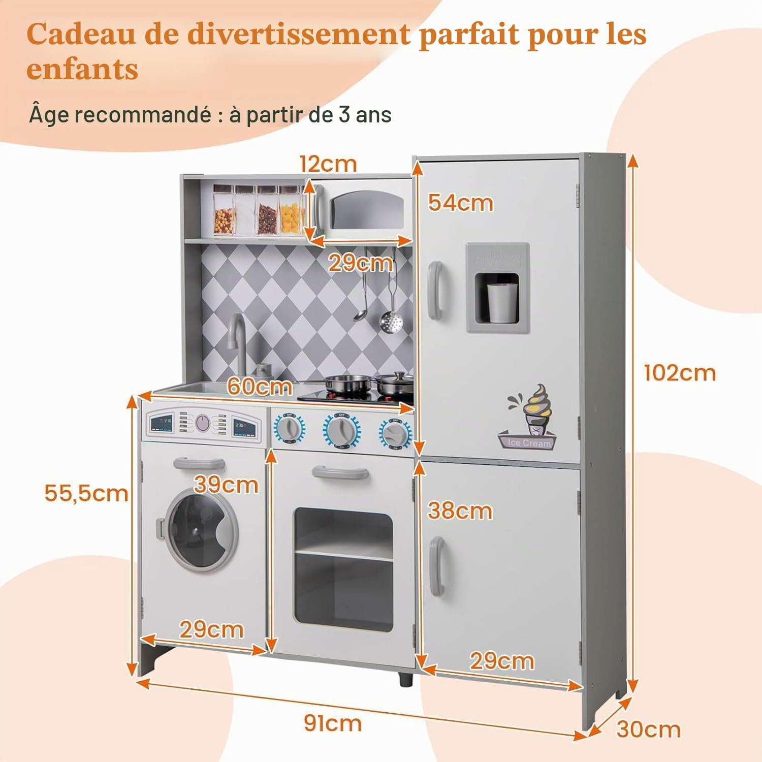FANTASK Cuisine en Bois pour Enfants à partir de 3 Ans, Cuisine en Bois avec lumière et Son, Cuisine de Jeu avec cuisinière, Machine à Laver, Four, Micro-Ondes, ustensiles de Cuisine