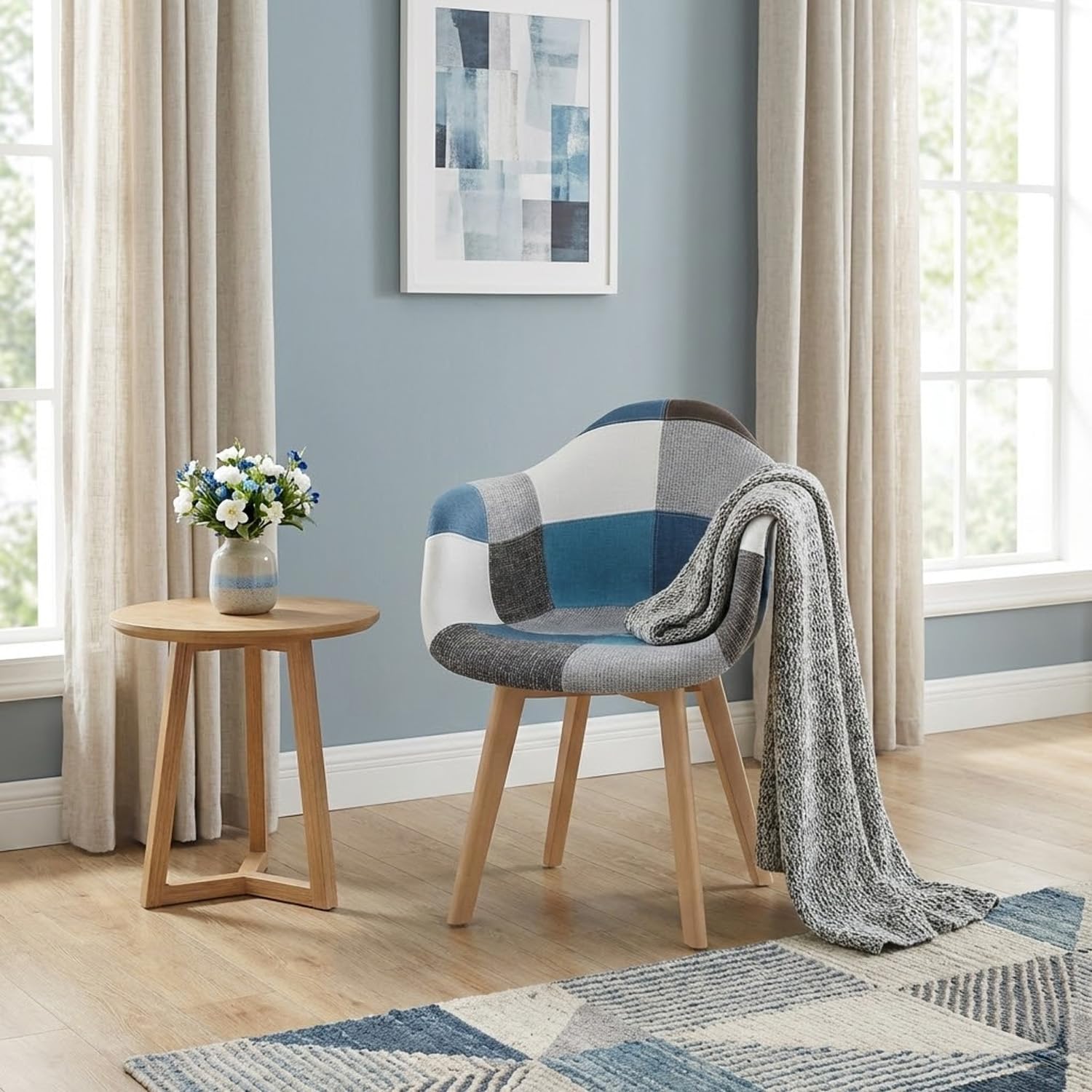 BUYBUY Poltroncina Serie Picasso in PP con Seduta in Spugna Ricoperta in Stoffa Stile Patchwork, Piedi in Faggio e Metallo, Colori Freddi