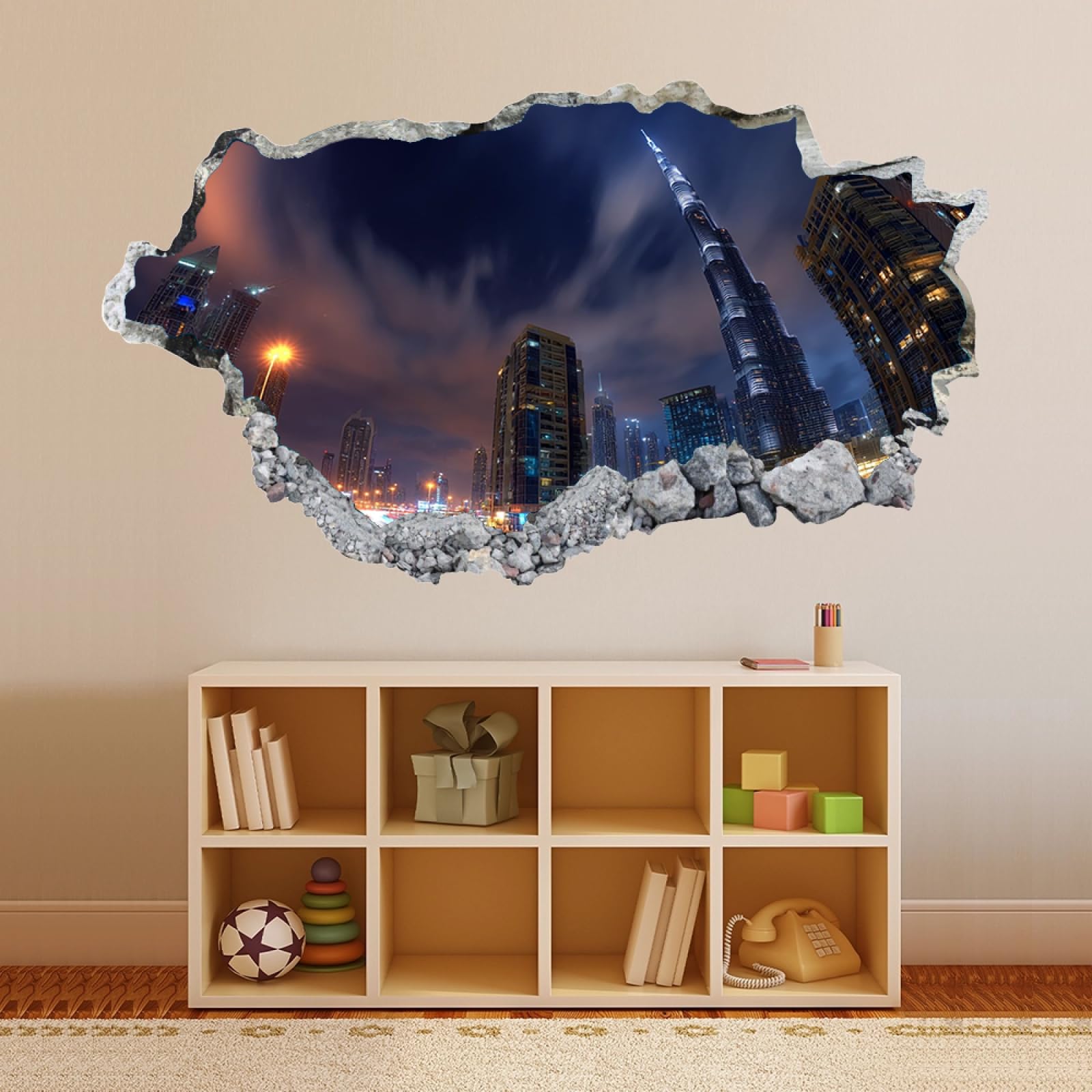 Vinilos Decorativos 3D Rotos City ​​skyline Tatuaje de pared vinilo extraíble decoración del hogar Calcomanías impermeables para Guardería Habitación Decoración de pared 70x122cm