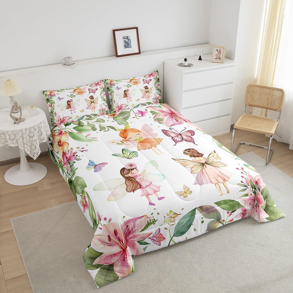 Erosebridal Fairy Garden Queen Bedding Set,Pink Floral Butterfly Comforter Set for Girls Kids,Dreamy Flower Girly Comforter,Coquette Flowers Bedroom Room Decor,2 Pillowcases Lightweight