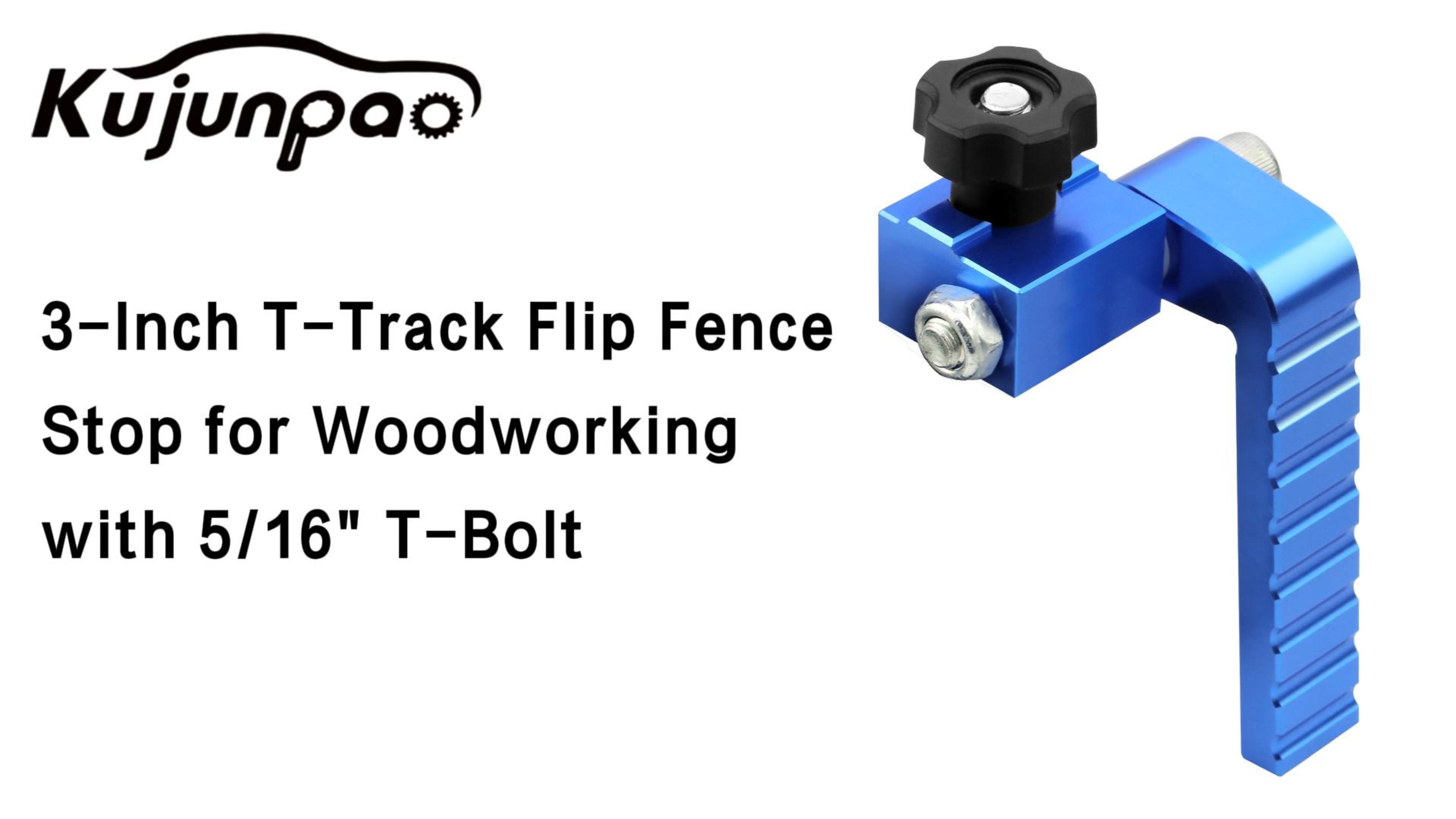 POWERTEC 3-Inch Fence Flip Stop For T-Track – Blue Anodized Aluminum, 5/16" T-Bolt, For Woodworking Jigs, Sleds & Router Tables