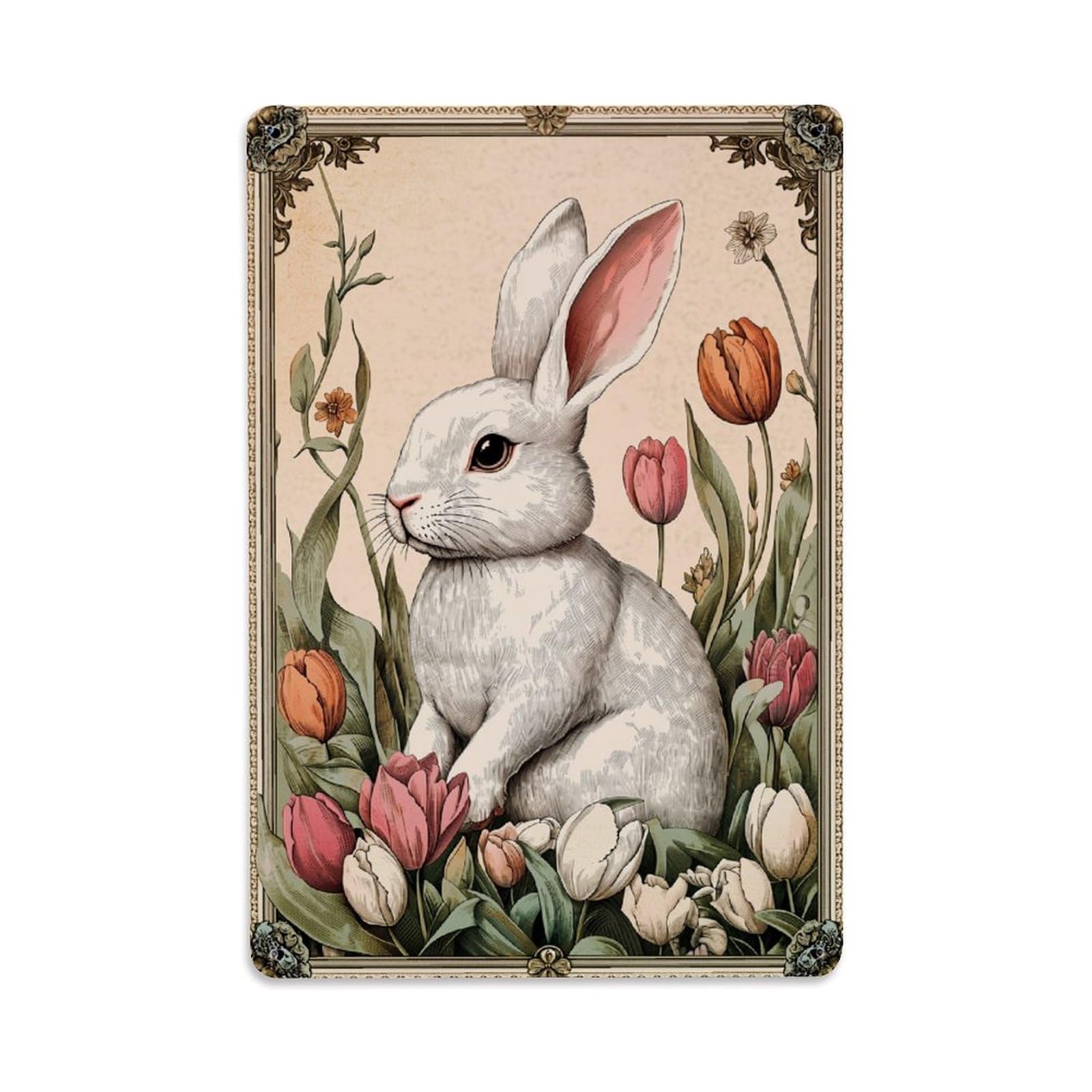 Jdyaojiesheng Vintage White Rabbit Tulip Garden Tin Sign Retro Metal Wall Decor Metal Poster, Home Bar Garage Farmhouse Cafe Wall Art Decoration 8X12inches