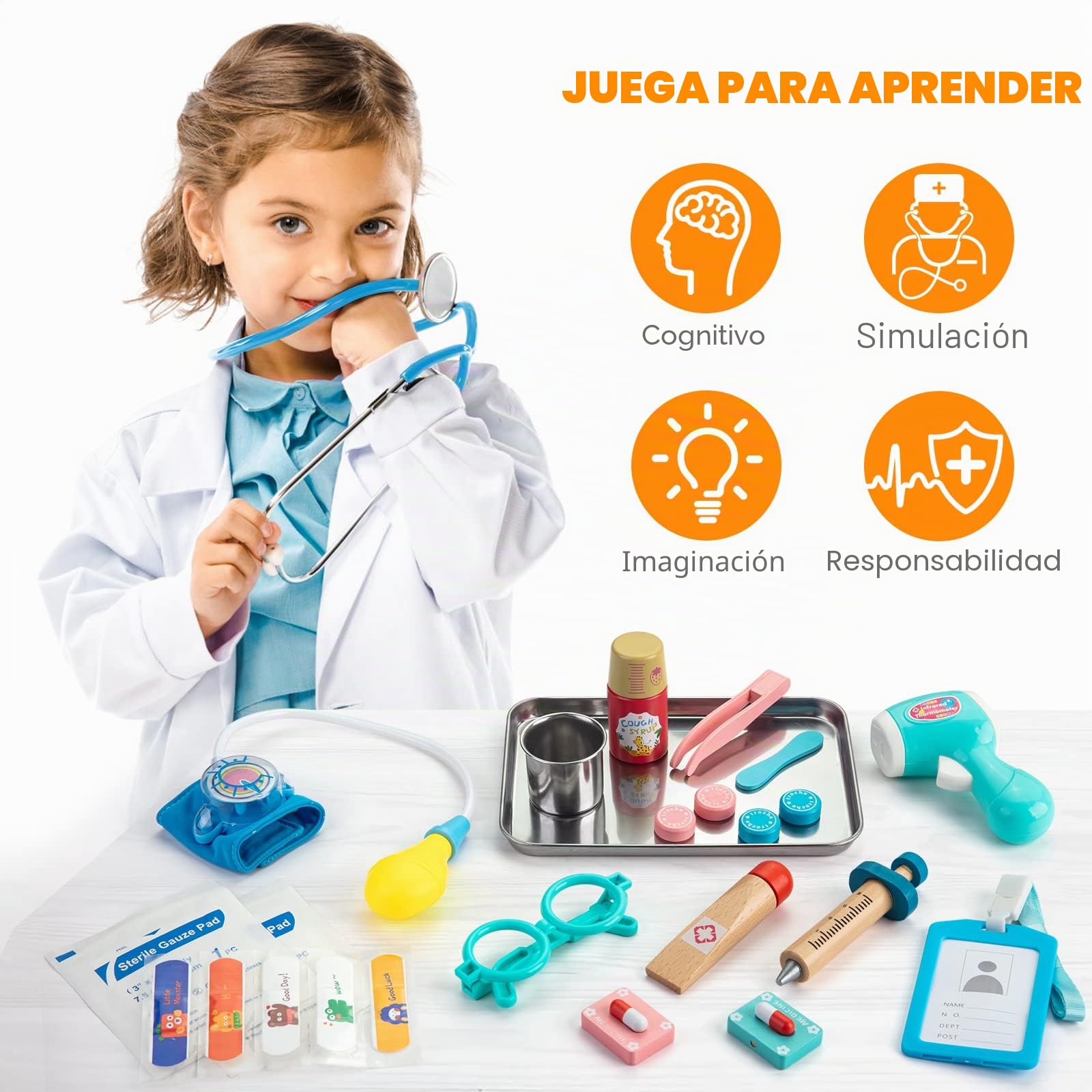 Sundaymot maletin Medico Juguete, Madera Doctora Estetoscopio Juego Herramienta de para Niños, Regalo médico a Partir de 3, 4 y 5 años