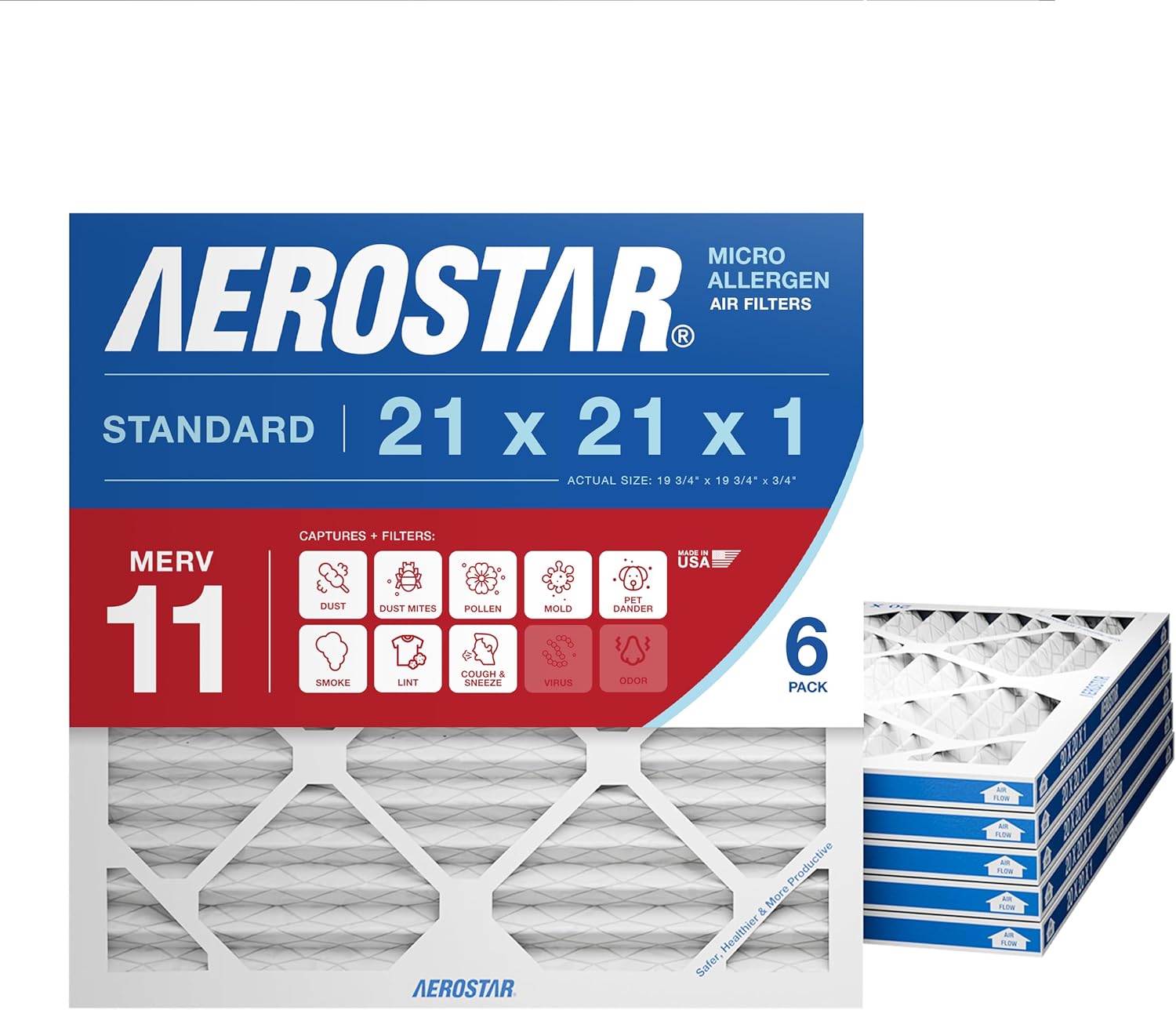 Aerostar 21x21x1 MERV 11 Air Filter, 6 Count, ACTUAL SIZE (20.88 x 20.88 x 0.75), HVAC, Air Conditioning & Furnace Filter for Dust, Pet Dander, Smoke & Allergies (MPR 1200 / FPR 7), Made in USA Aerostar 21x21x1 MERV 11 Air Filter, 6 Count, ACTUAL SIZE (20.88 x 20.88 x 0.75), HVAC, Air Conditioning & Furnace Filter for Dust, Pet Dander, Smoke & Allergies (MPR 1200 / FPR 7), Made in USA