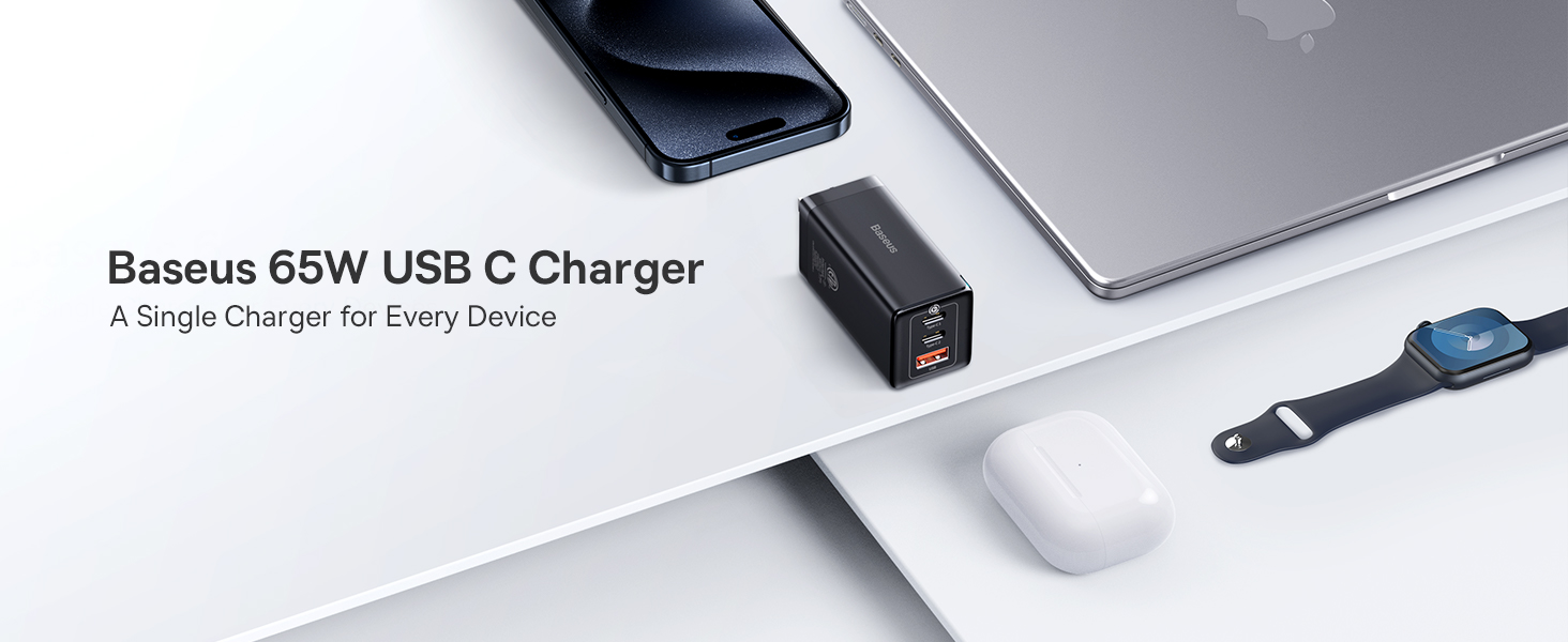 Chargeur GaN Baseus 65W 4 Ports USB-C/USB-A - Charge Rapide Pour MacBook, IPhone, Samsung, IPad - Noir