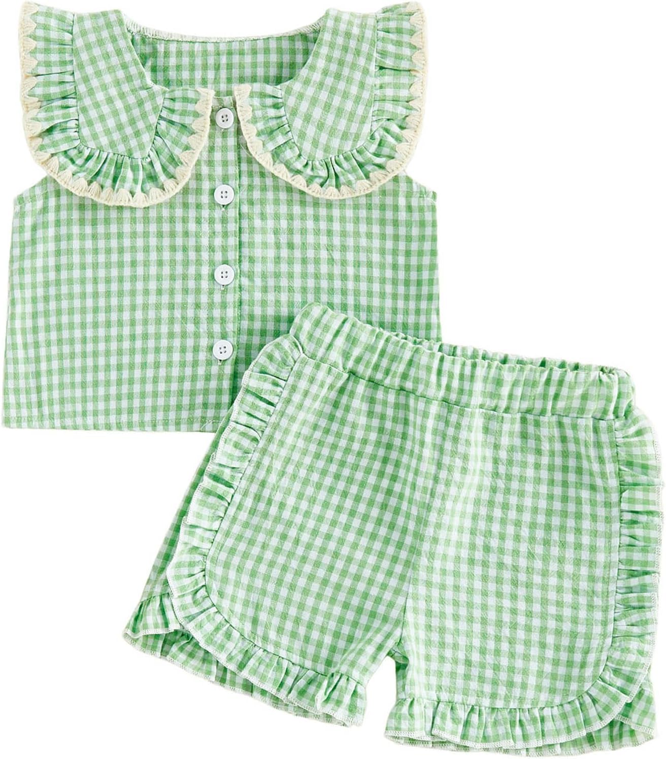 TheFound Baby Girl Summer Outfits Sleeveless Plaid Print Doll Collar Tops Shorts Set Cute 2Pcs Toddler Baby Princess Clothes