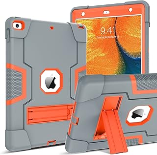 DUEDUE iPad 10.2 Case 2021,iPad 9th/8th/7th Generation Case, Kickstand Shockproof Heavy Duty Hybrid Hard PC Cover Anti-Slip Rugged Protective Tablet Case for iPad 10.2 2021/2020/2019,Grey/Orange