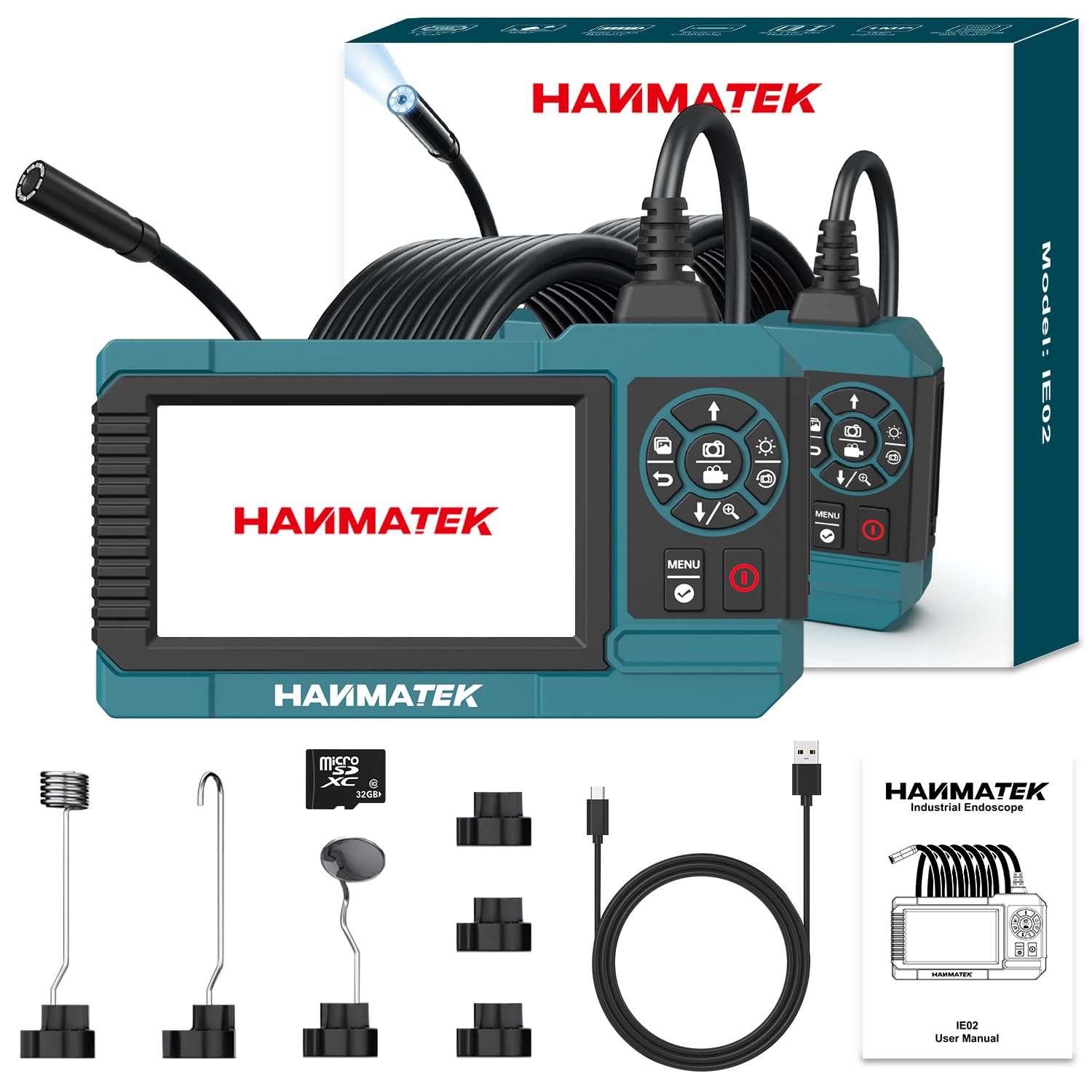 HANMATEK - Endoscopio industrial de 1080P, pantalla TFT de 4.3 pulgadas, cable flexible de 16.5 pies, cámara de 8 mm con luces LED ajustables, 1 millón de píxeles, grabación de foto/video, carga USB-C