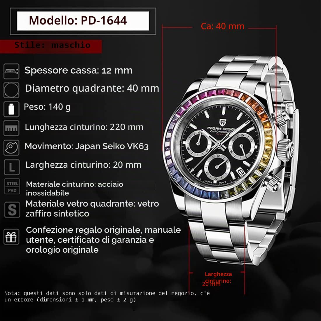 Pagani Design PD-1644 Orologio da uomo al quarzo, datario, vetro zaffiro, cassa in acciaio inossidabile 316L, lunetta in ceramica, movimento VK63, cronografo.