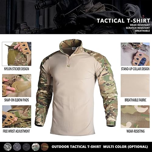 Miniatura 3 de Camisa táctica militar para hombre, camuflaje militar, militar, manga larga, con coderas, cremallera de 14