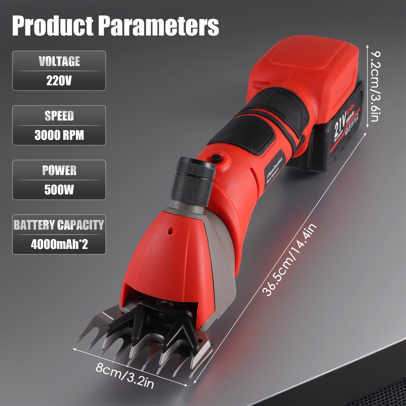 Esquiladora de ovejas inalámbrica de 500 W con motor sin escobillas, 3000 RPM, 2 baterías 4000 mAh, 6 velocidades regulables, cabezal ajustable, ideal para ovejas, alpacas, cabras, rojo | Motor de cobre 3000 rpm; autonomía 60min por batería; hoja ajustabl
