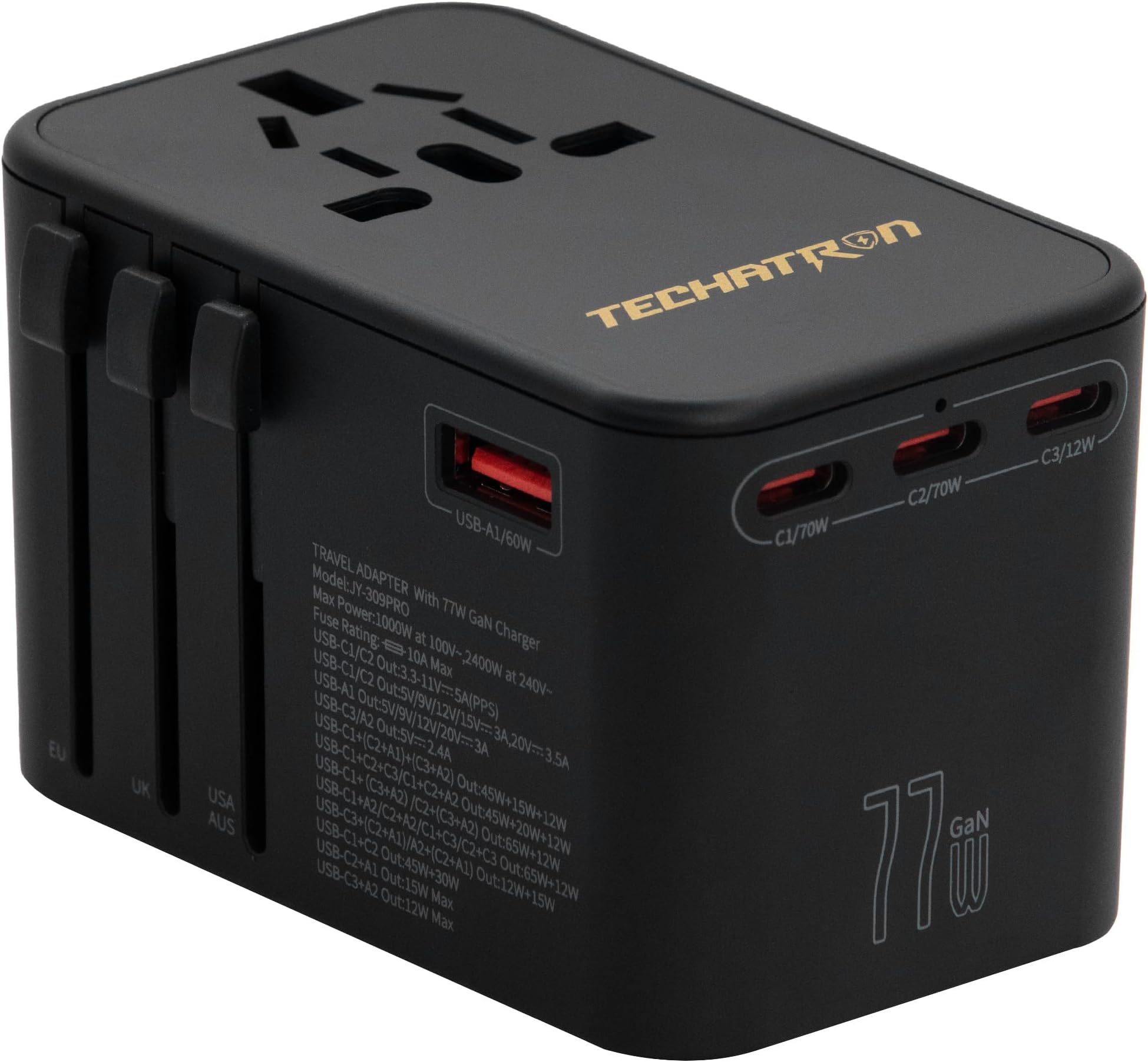 Techatron 6-in-1 Universal Travel Adapter (Type C/G/A/I) for US/AU/UK/EU, 77W GAN Charger, 2 USB-A, 3 USB-C, 1 AC Socket, European Travel Plug Adapter, International Power Adapter, Black