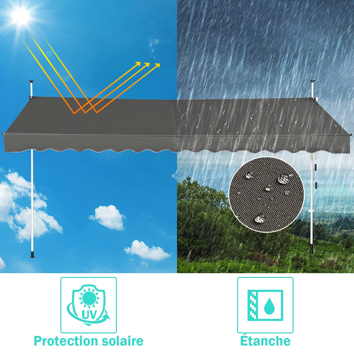 DREAMADE Auvent Rétractable Manuel avec Manivelle, Store Banne avec Tige de Support Réglable en Hauteur, Résistant au Solaire, pour Balcon, Cour, Terrasse de Café, d’Hôtel, de Magasin (Gris, 4M)