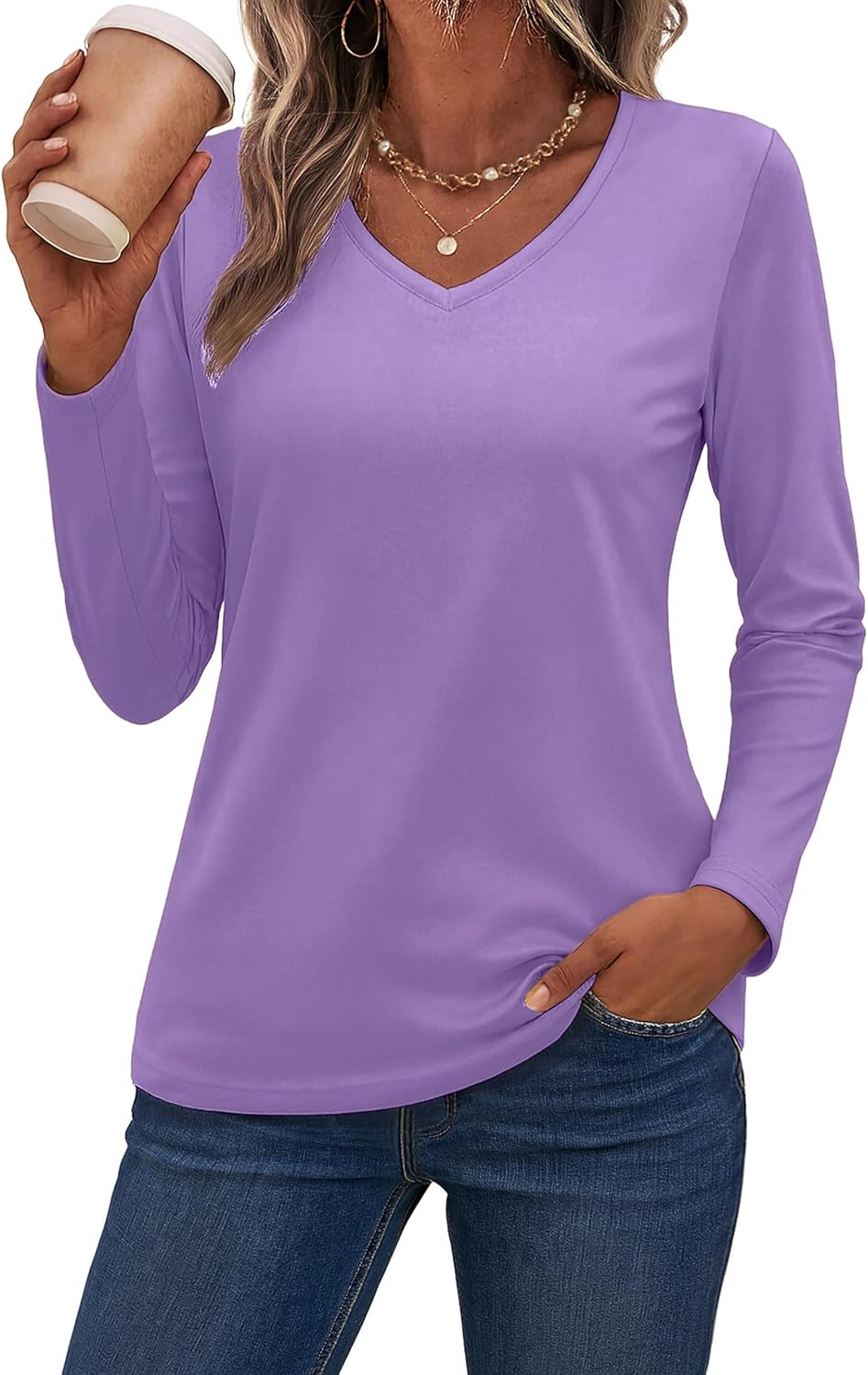 SMENG Womens Long Sleeve Shirts Pure Cotton V Neck T Shirt Basic Tops Casual Soft Tees