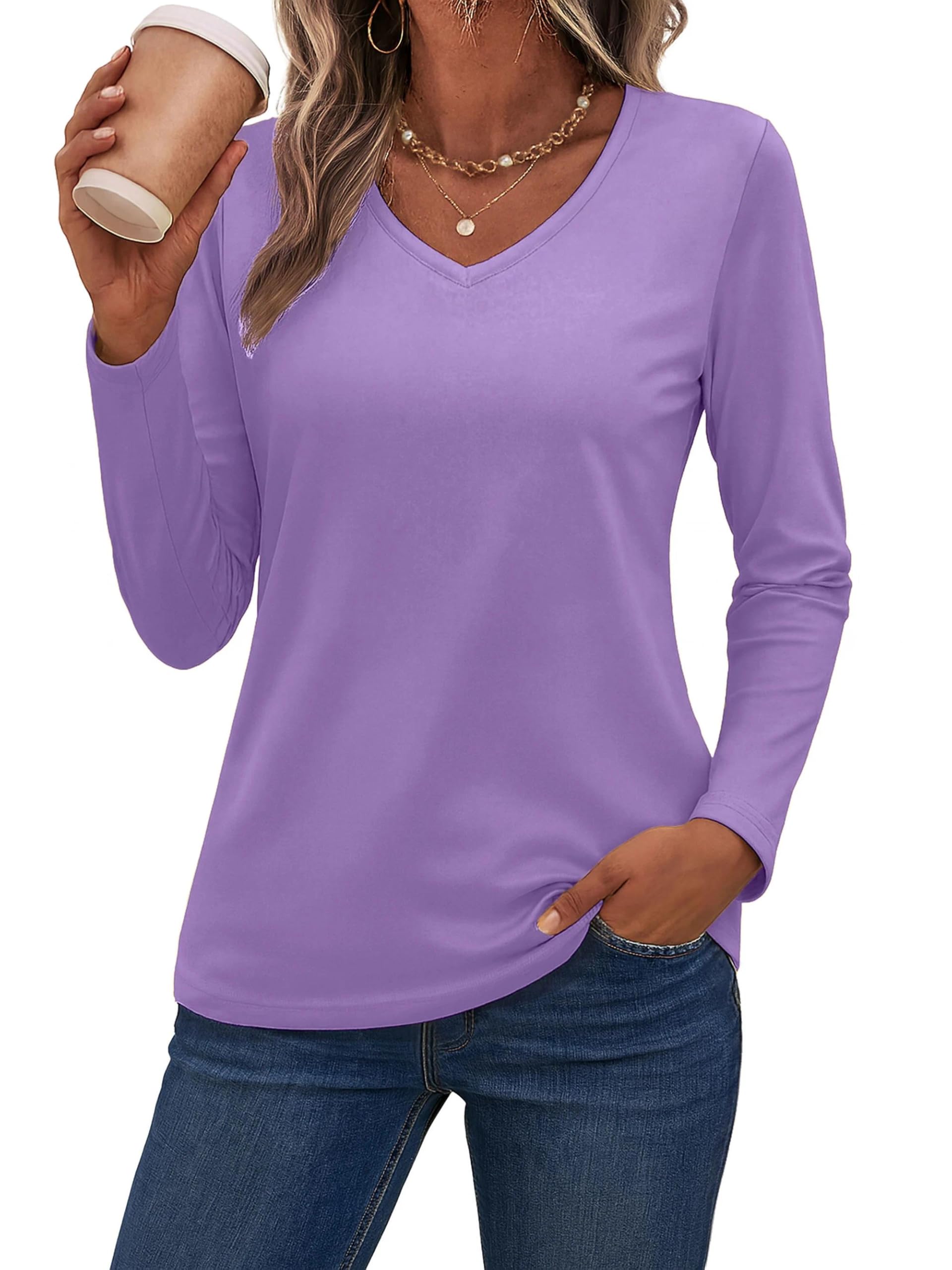 SMENG Camisetas de manga larga para mujer, de algodón puro, cuello en V, básicas, casuales, suaves