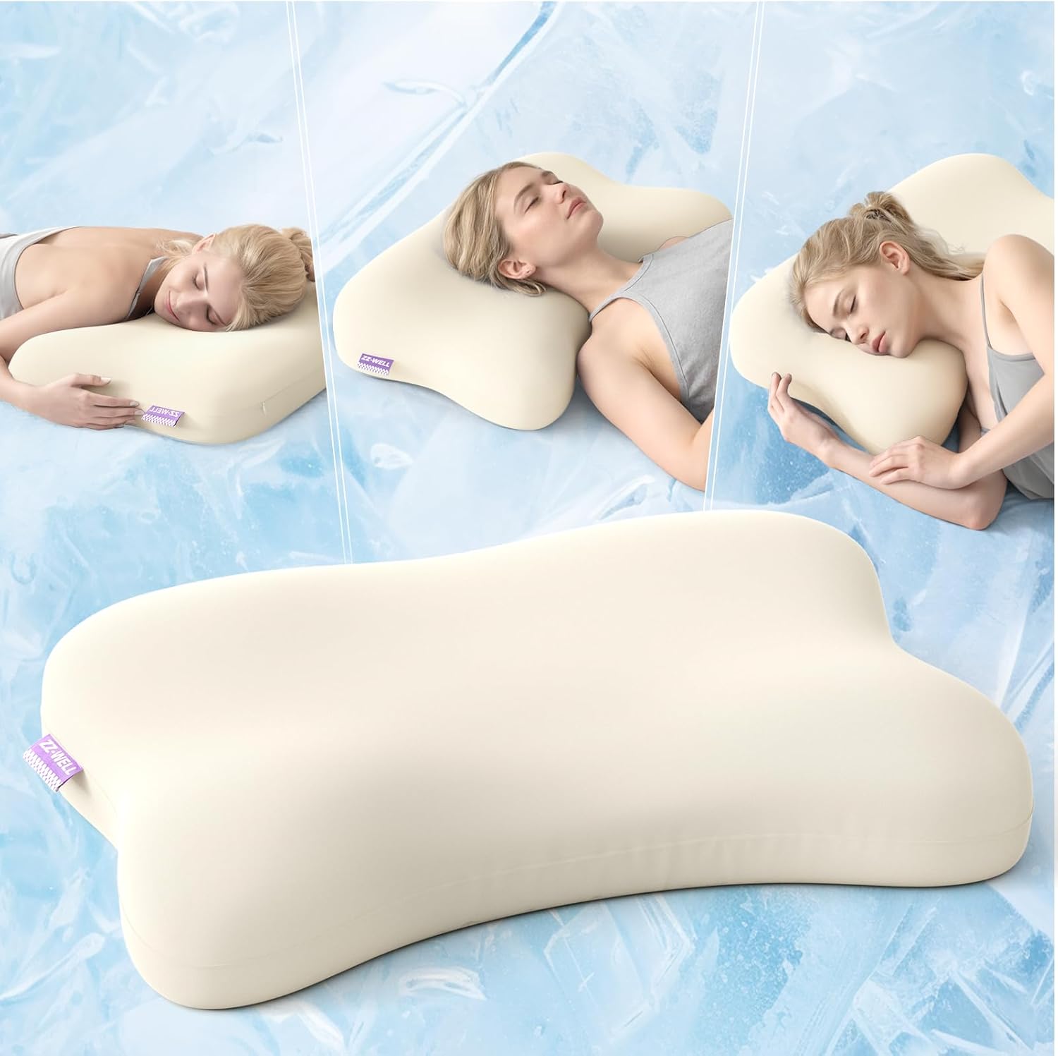 Cooling Side Sleeper Pillow- Ergonomic Curved Soft Memory Foam Pillows - Patented Cervical Neck Pillow for Sleeping with Machine Washable Cover (Blue)